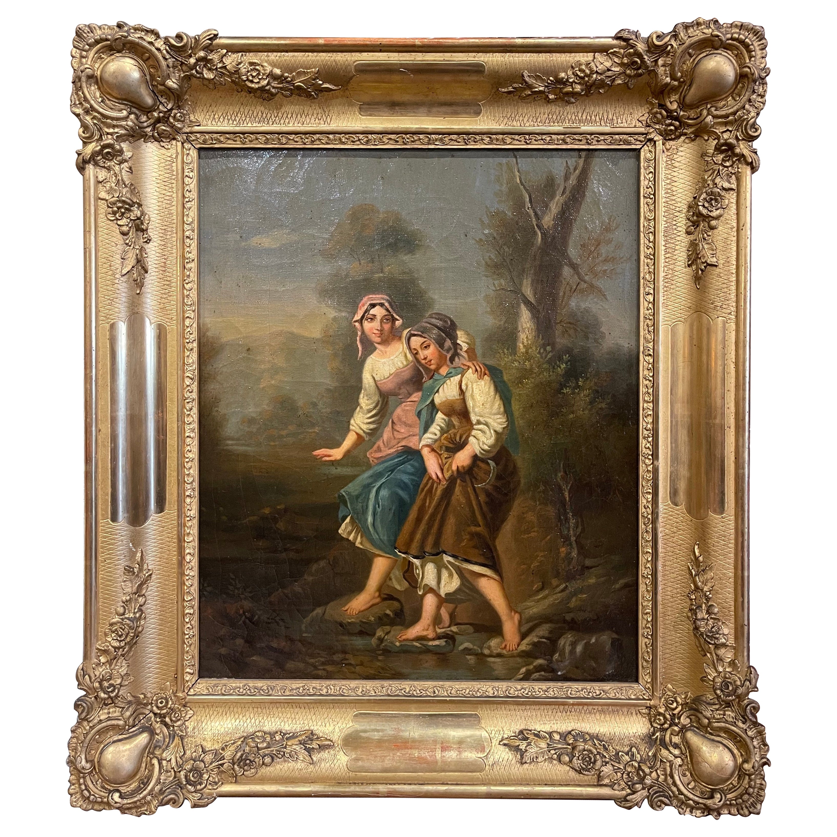 Huile sur toile française du début du 19ème siècle - Peinture pastorale dans un cadre sculpté et doré