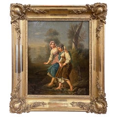 Huile sur toile française du début du 19ème siècle - Peinture pastorale dans un cadre sculpté et doré