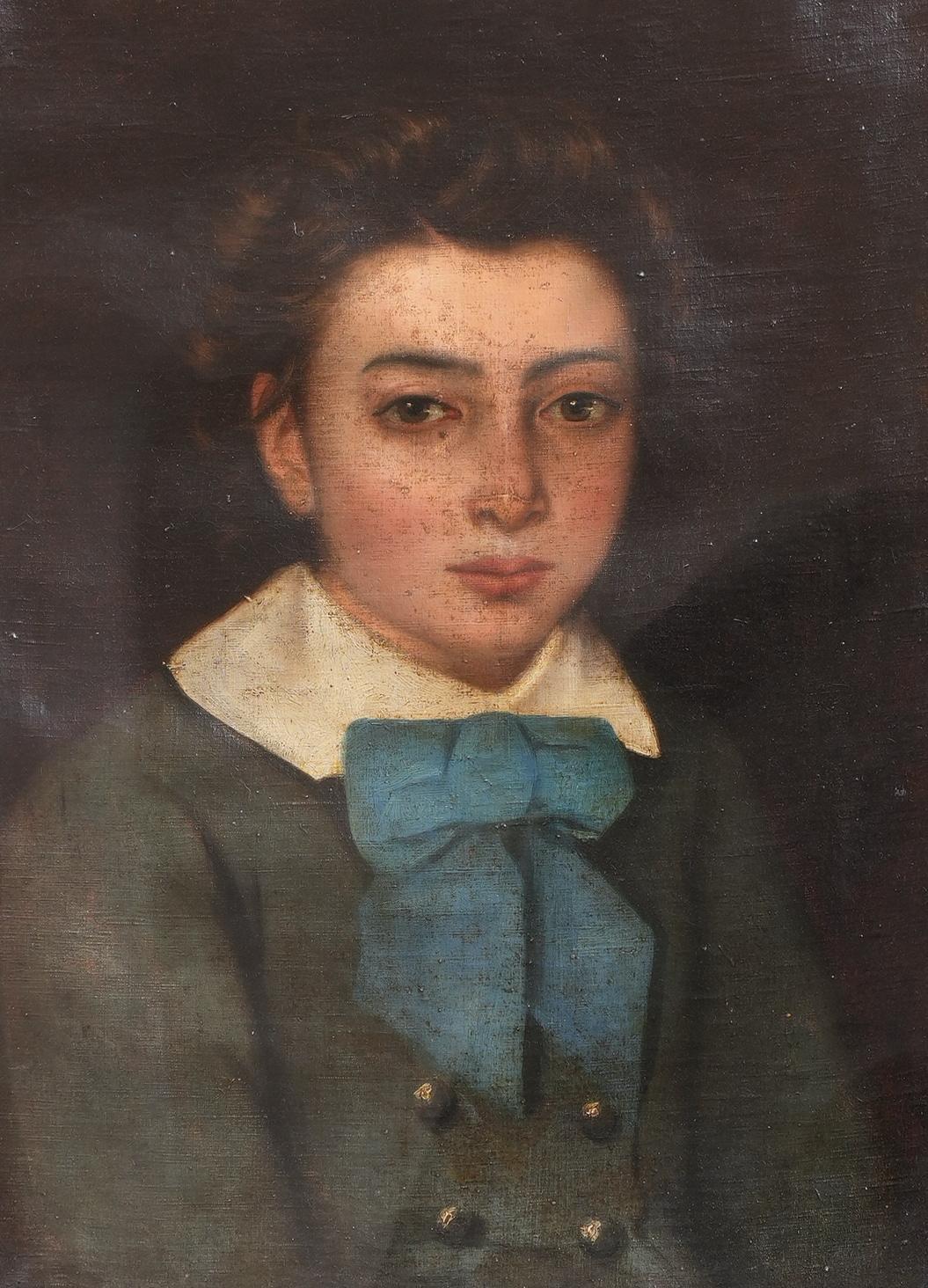French oil-on-canvas portrait of boy. Dating from the Louis Philippe Era of 1830-45, this charming portrait is done in a naive manner that evokes American portraiture from the same period. I’ve matched the canvas with a rustic oak frame from about