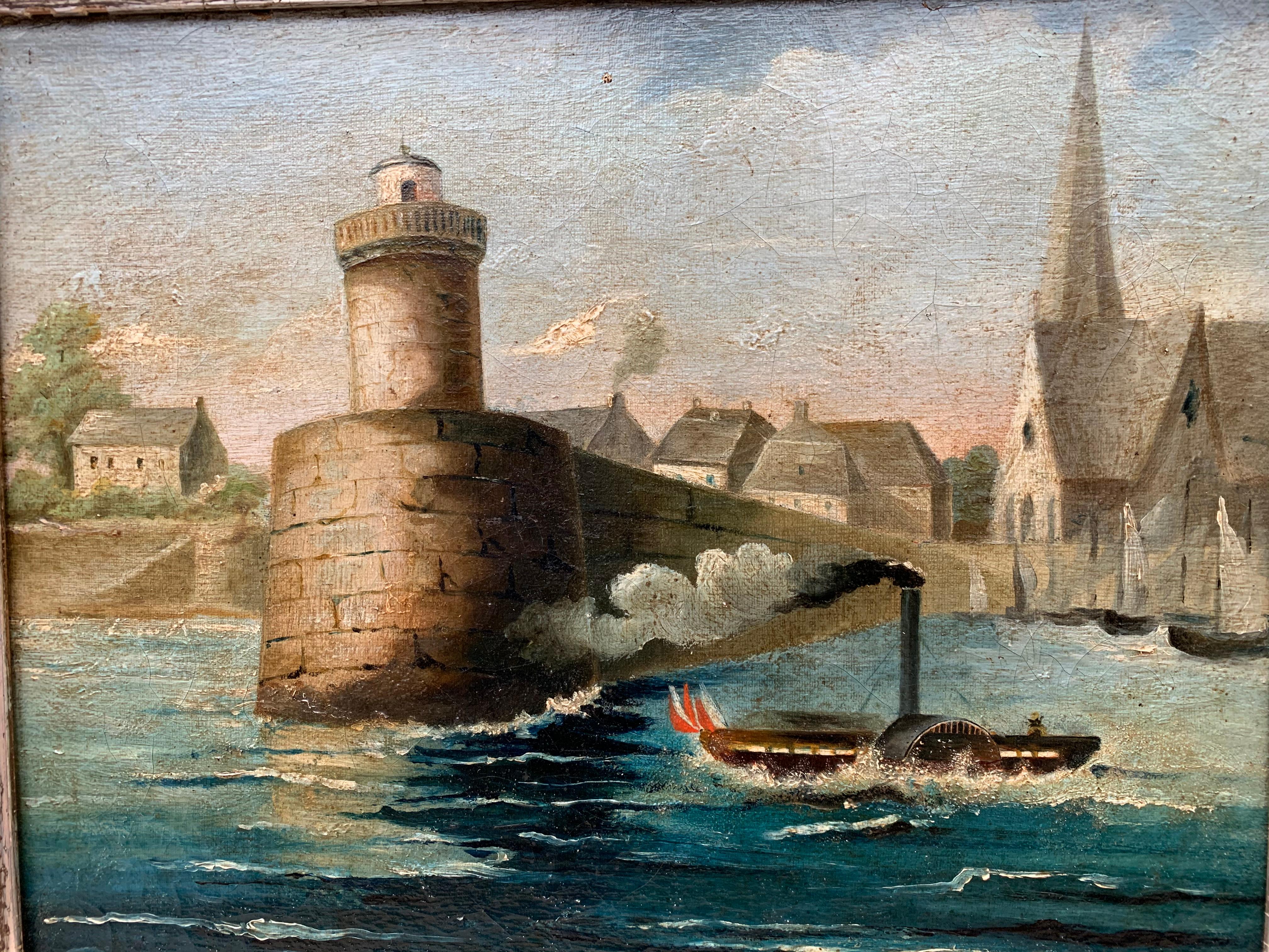 Peinture à l'huile française du début du XIXe siècle représentant un bateau à vapeur dans une scène de port fluvial en vente 3
