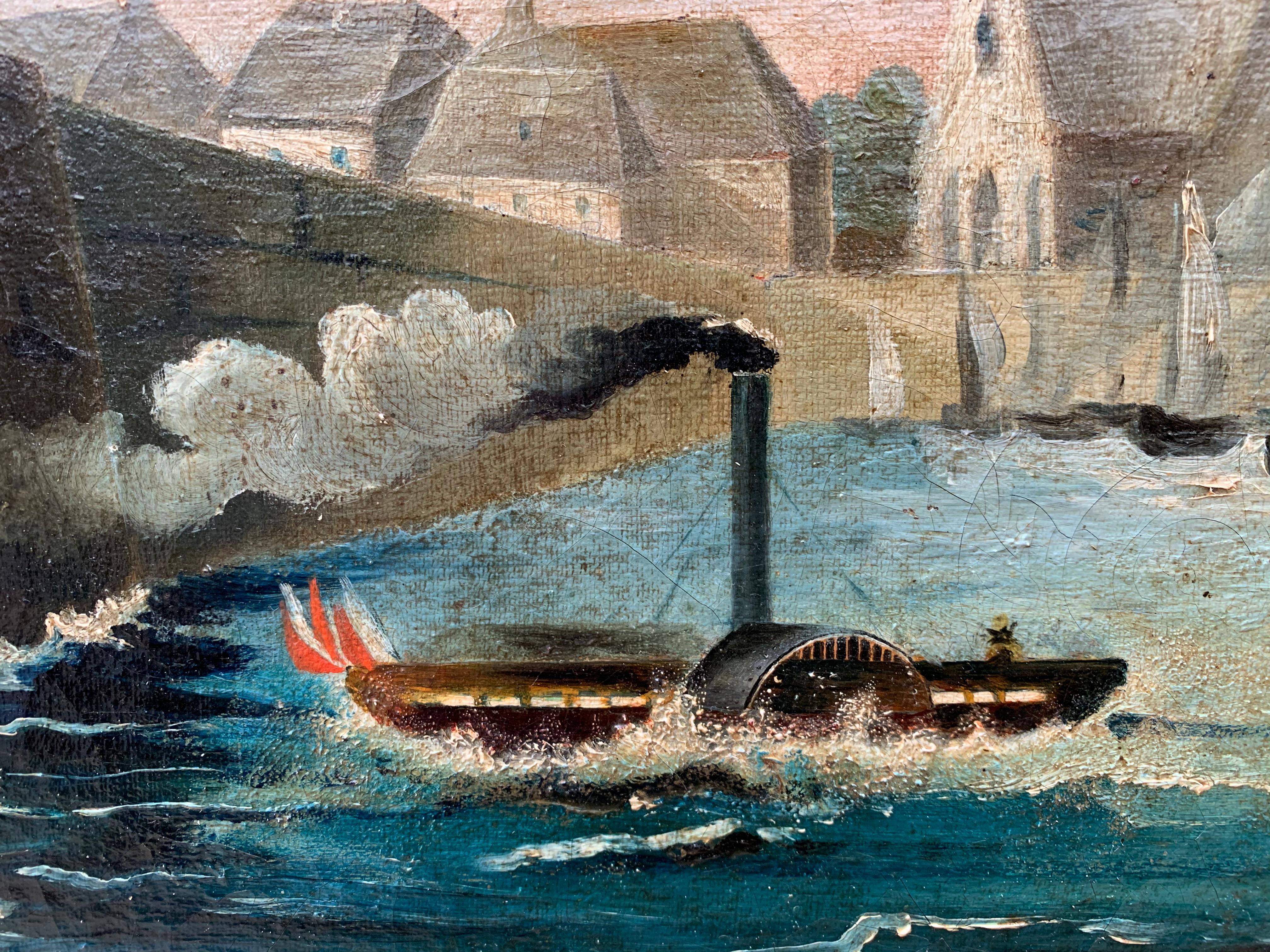 Peinture à l'huile française du début du XIXe siècle représentant un bateau à vapeur dans une scène de port fluvial en vente 4