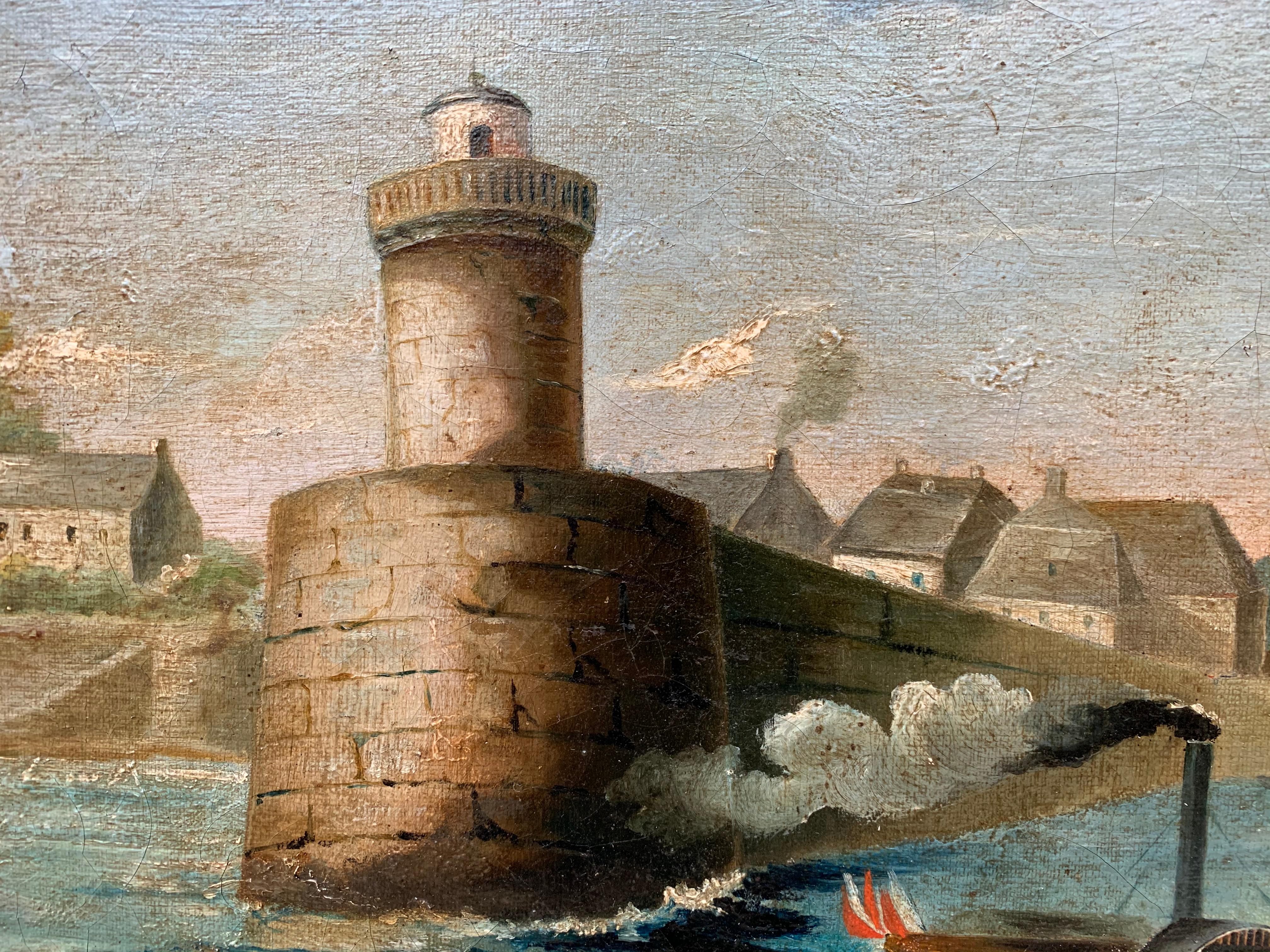 Peinture à l'huile française du début du XIXe siècle représentant un bateau à vapeur dans une scène de port fluvial en vente 6