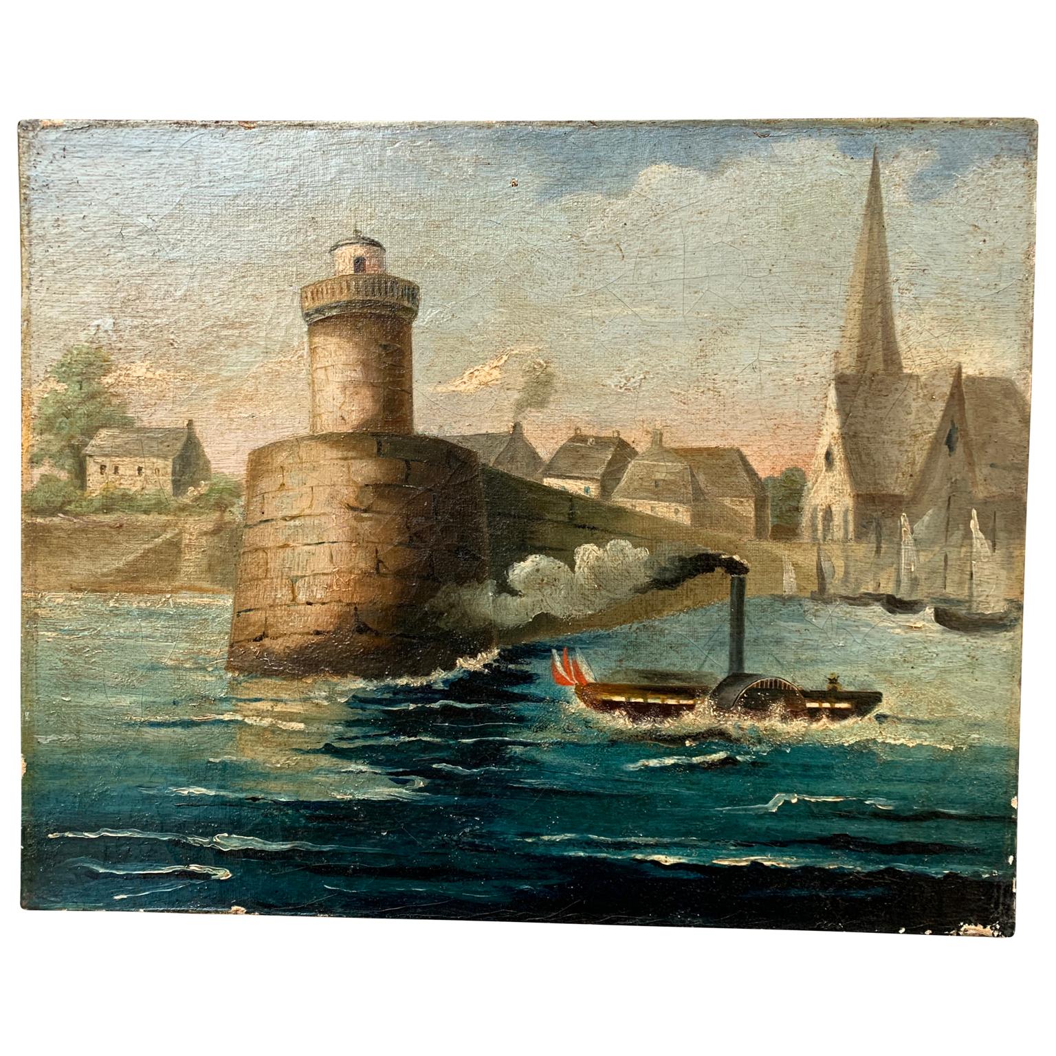 A 19th century oil painting with original silver frame. Most probably representing the big river Garonne in Toulouse, France.
Garonne was famous for its intense traffic of steamboats.

  