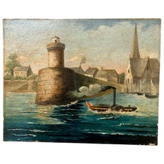 Early 19th Century French Oil Painting of Steamboat in a River Harbor Scene