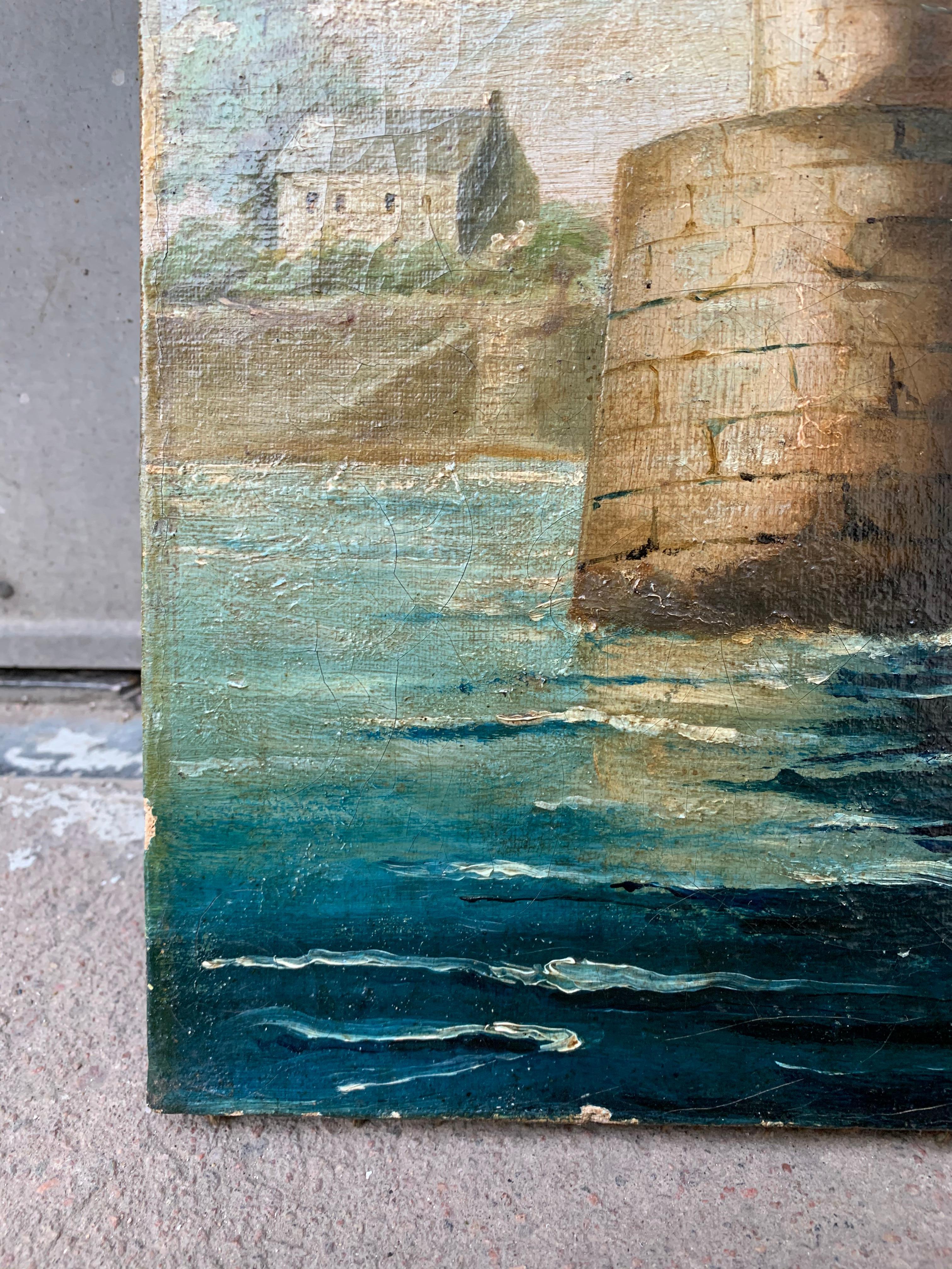 Français Peinture à l'huile française du début du XIXe siècle représentant un bateau à vapeur dans une scène de port fluvial en vente