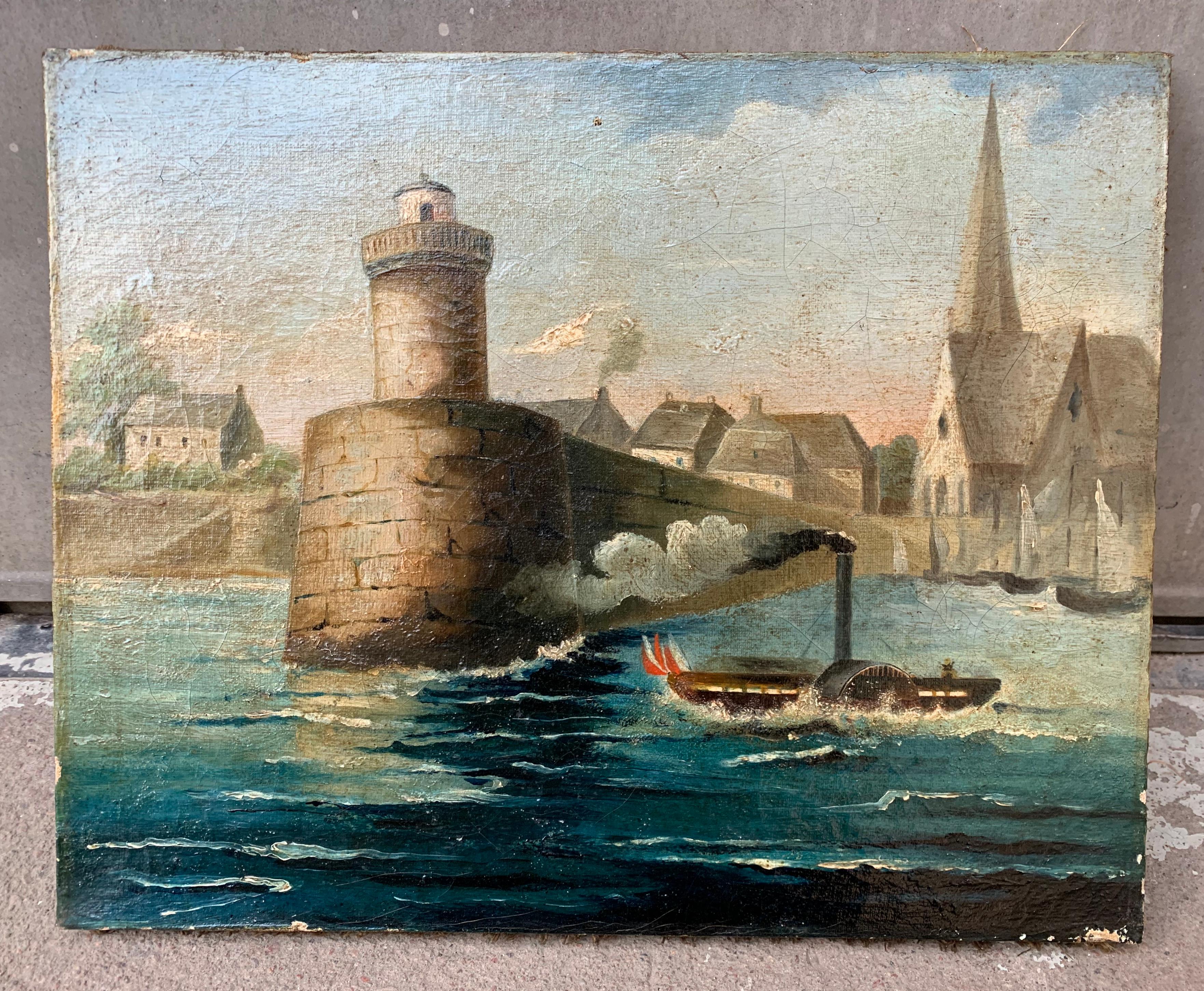 Hand-Painted Early 19th Century French Oil Painting of Steamboat in a River Harbor Scene For Sale