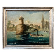 Pittura a olio francese dei primi del XIX secolo raffigurante un battello a vapore in una scena di porto fluviale