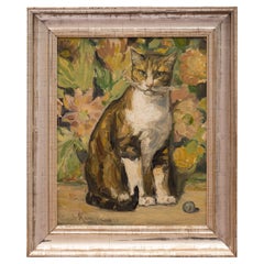 Early 19th Century French Oilpainting by Claude Rameau "Cat in the Garden"