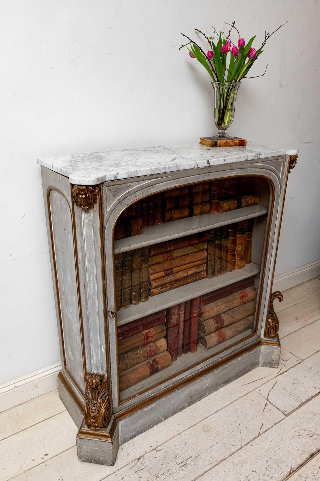 Early 19th Century French Painted Glazed Cabinet Bookcase with Original Marble In Good Condition In London, GB