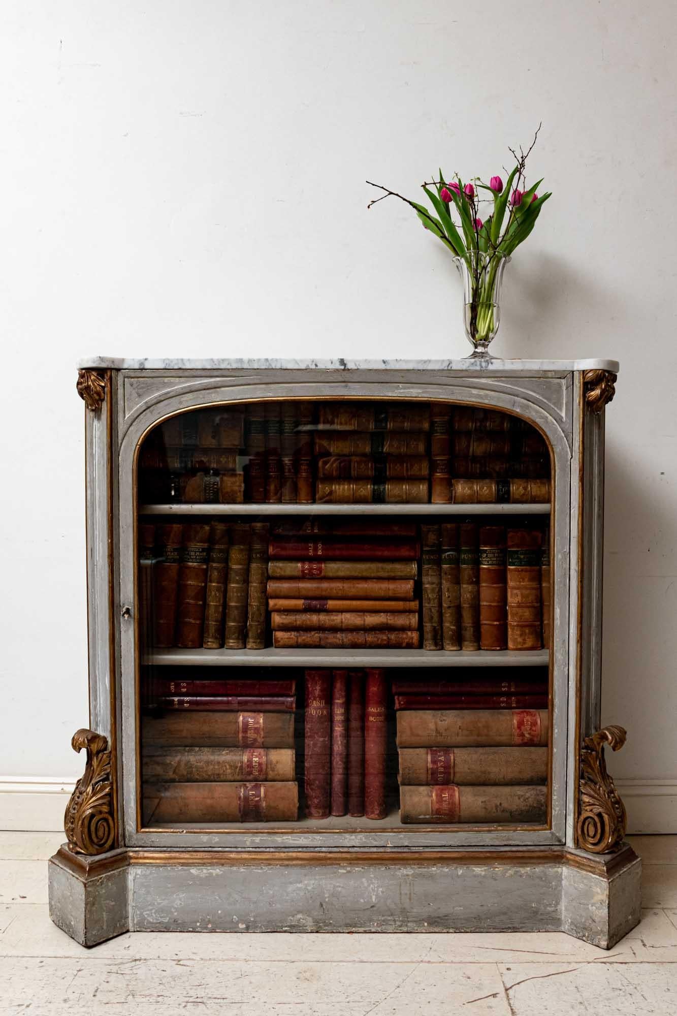Mid-19th Century Early 19th Century French Painted Glazed Cabinet Bookcase with Original Marble