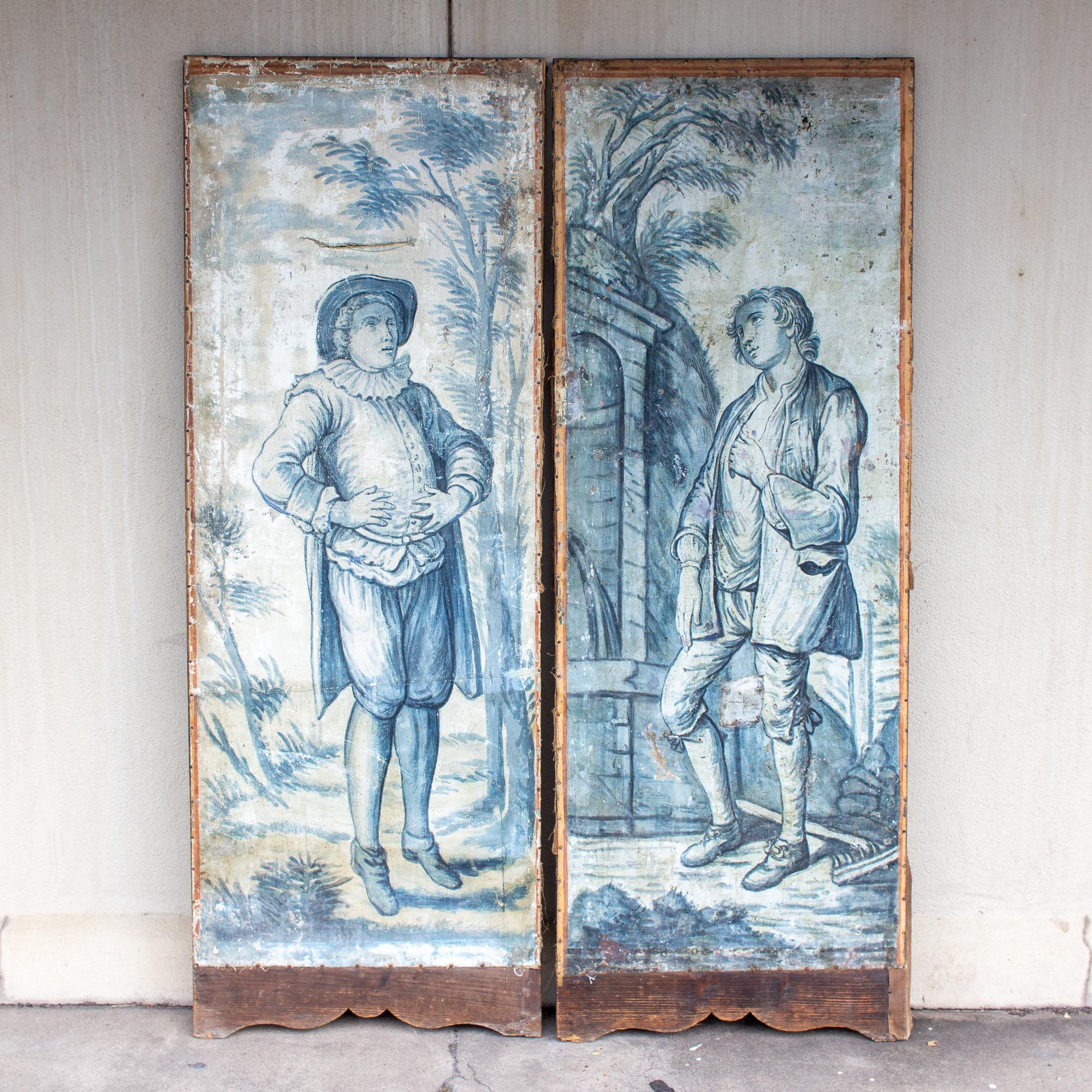 Hand-Painted Early 19th Century French Painted Screen Panels in Blue and White