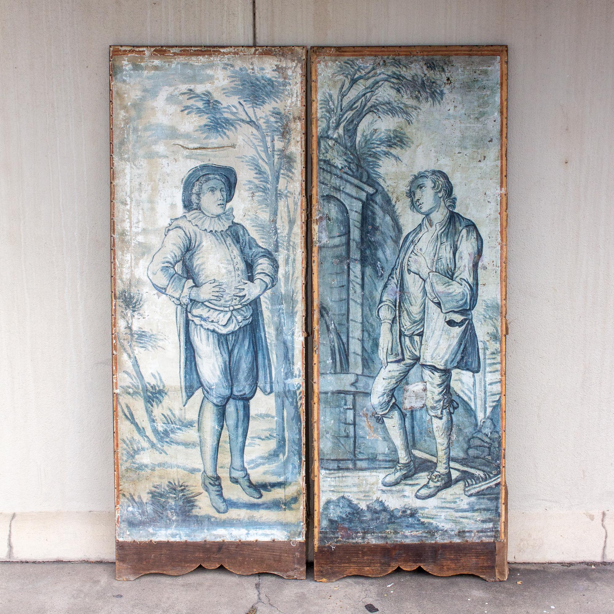 Early 19th Century French Painted Screen Panels in Blue and White In Distressed Condition In Houston, TX