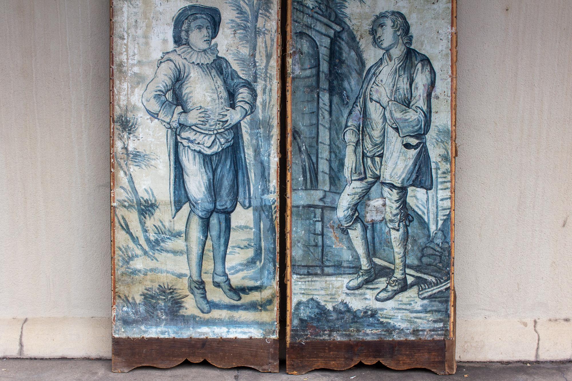 Canvas Early 19th Century French Painted Screen Panels in Blue and White
