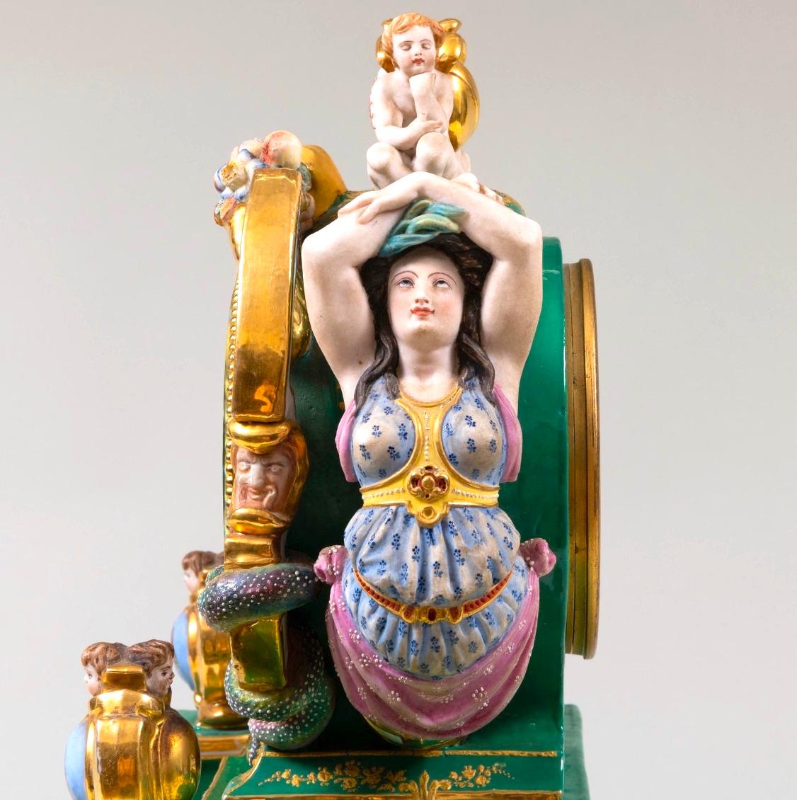Early 19th Century French Paris Porcelain Green-Ground & Gilt Figural Clock 6