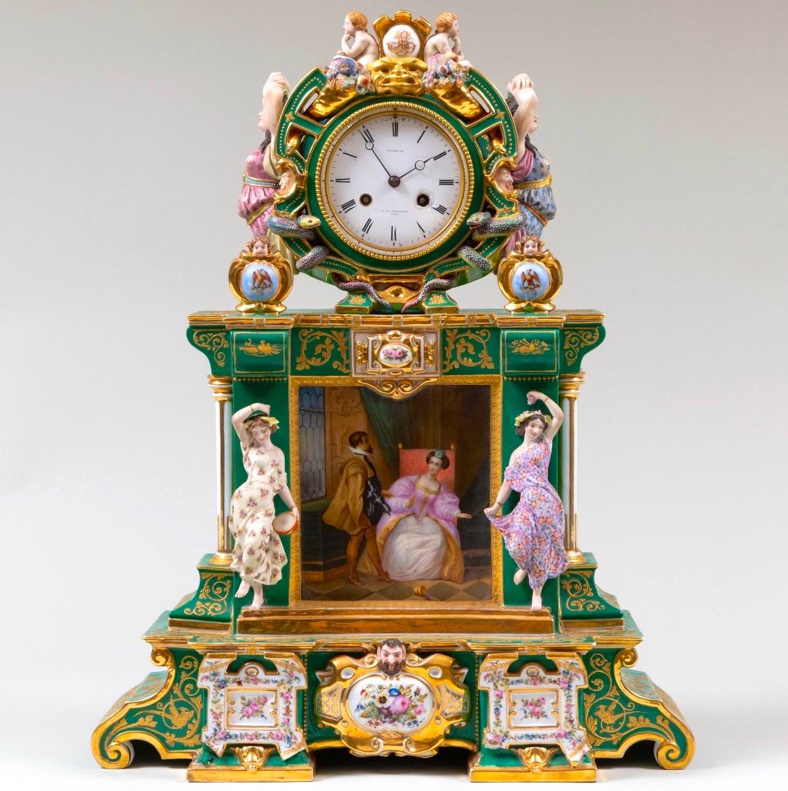 Early 19th Century French Paris Porcelain Green-Ground & Gilt Figural Clock 10