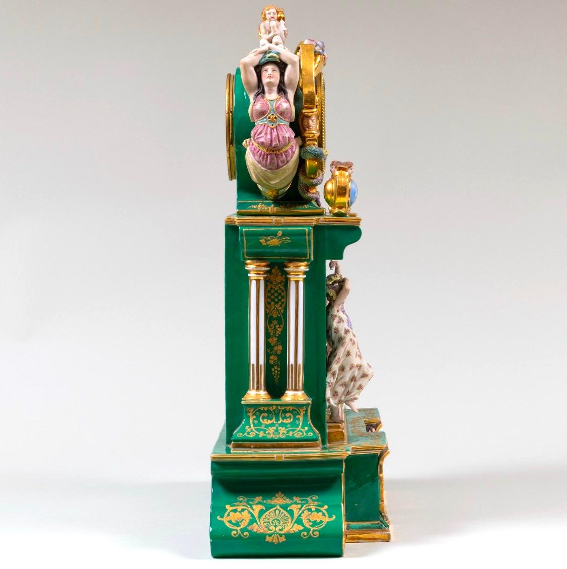 Louis XVI Early 19th Century French Paris Porcelain Green-Ground & Gilt Figural Clock