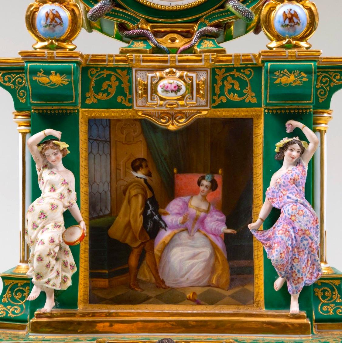 Early 19th Century French Paris Porcelain Green-Ground & Gilt Figural Clock 1