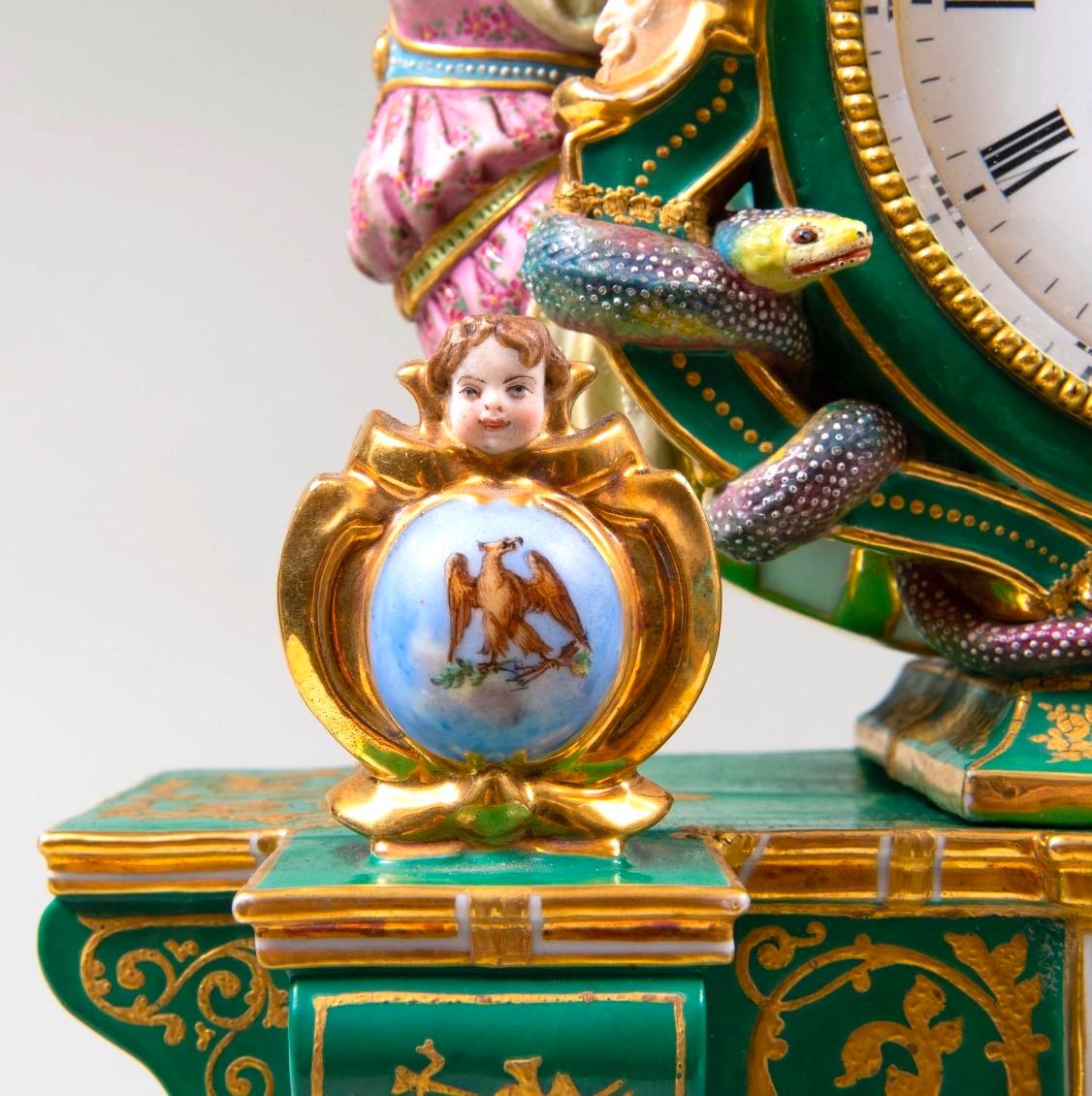Early 19th Century French Paris Porcelain Green-Ground & Gilt Figural Clock 4