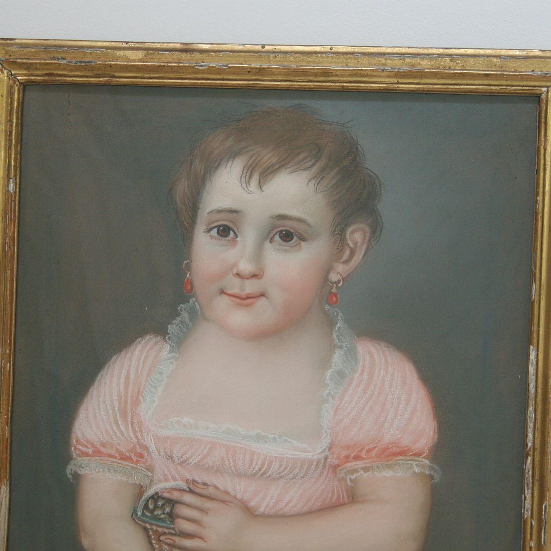 Beautiful pastel portrait of a young girl, France early 19th century, dated 1813. Weathered, small losses.