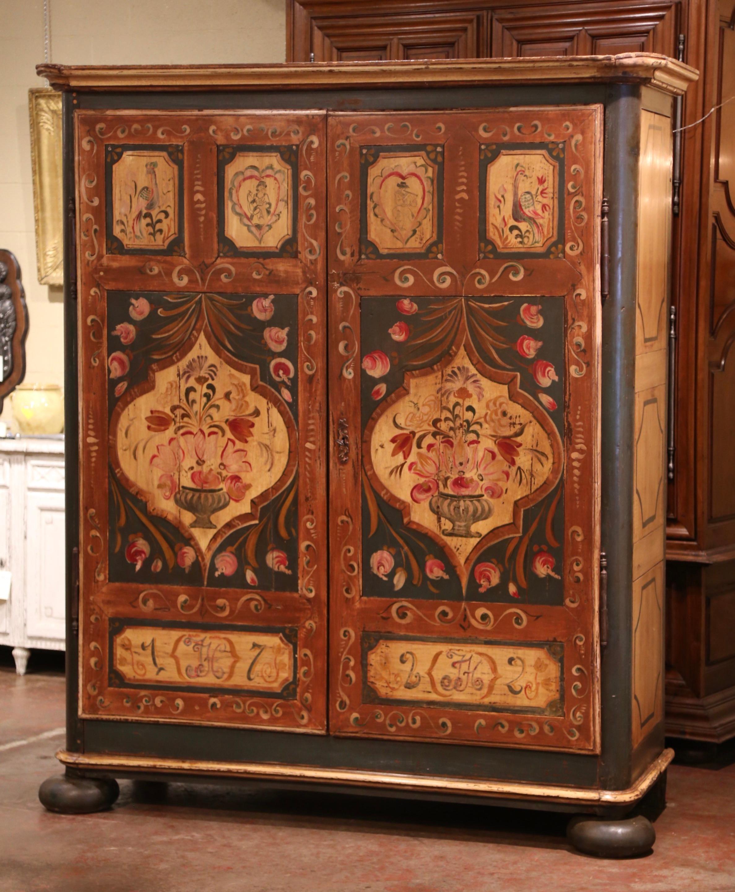 Hand-Painted Early 19th Century French Pine Two-Door Painted Armoire from Alsace-Lorraine