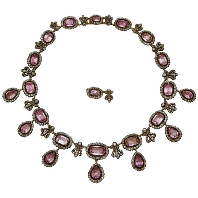 Early 19th Century French Pink Topaze and Diamond Necklace For Sale