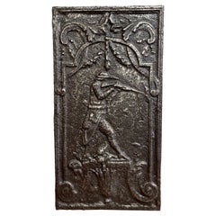 Early 19th Century French Polished Iron Fireback with Hunt Scene