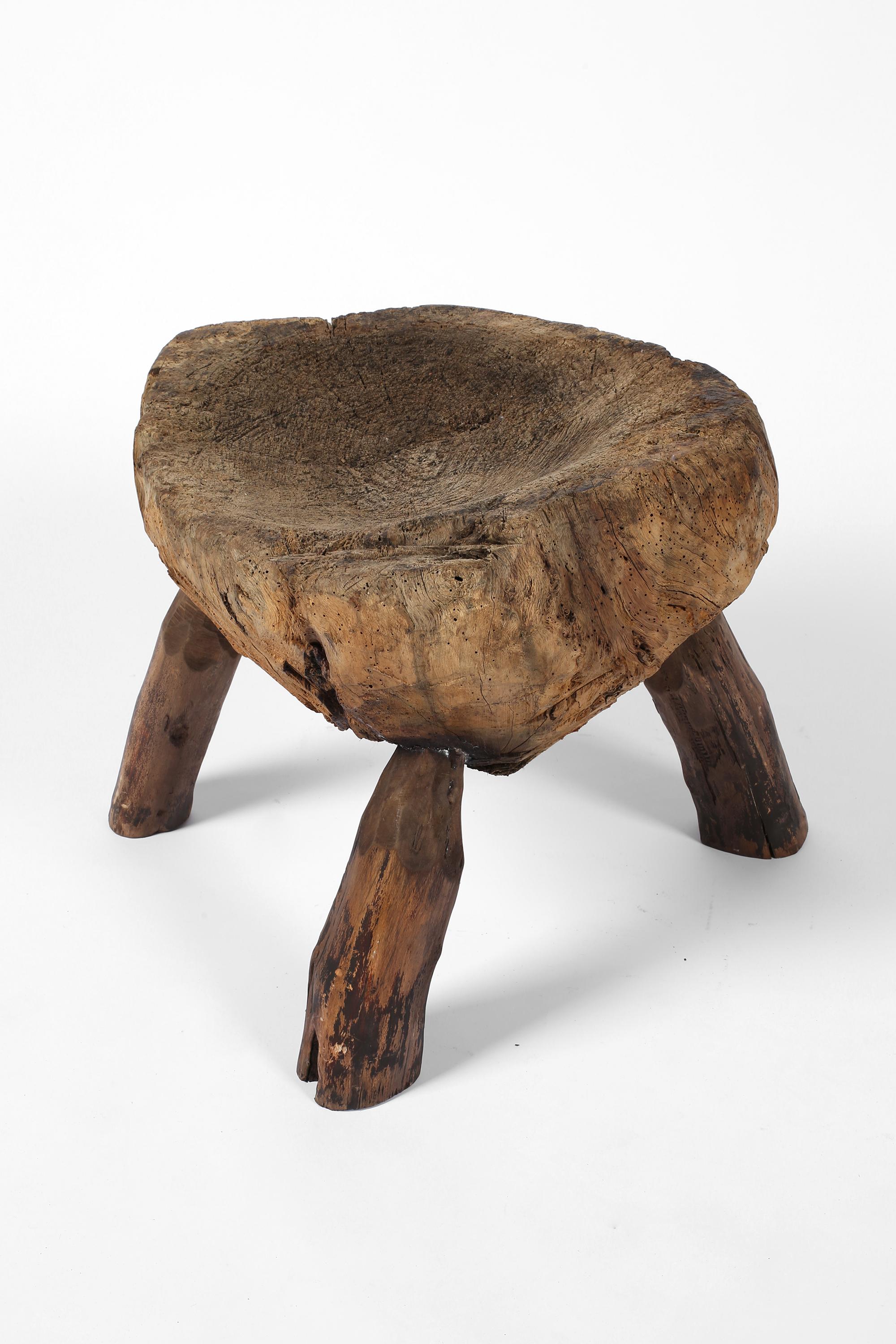 Early 19th Century French Primitive Rustic Wabi-Sabi Block Stool For Sale 4