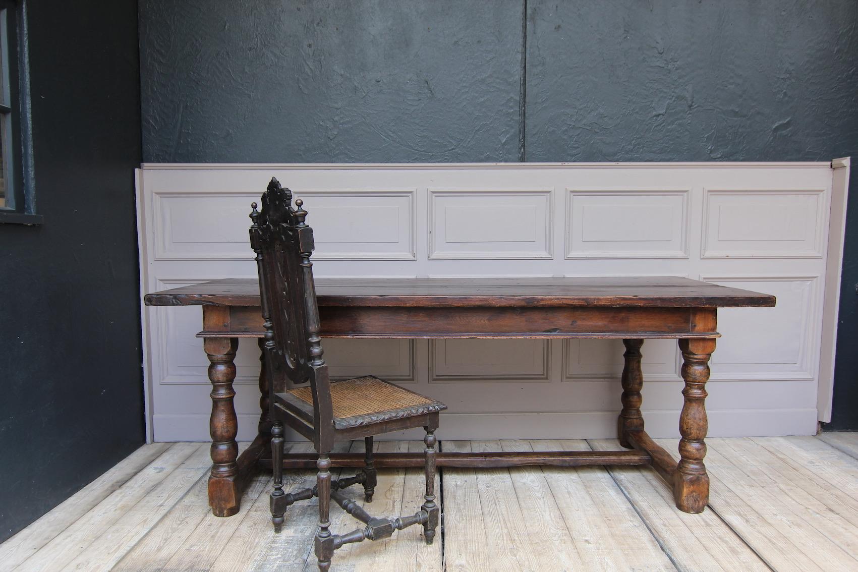 Antique oak refectory table. France, early 19th century.
The waxed surface has a beautiful patina from the old oak wood.

Dimensions: 
77.5 cm high / 30.5 inch high,
208 cm long / 81.9 inch wide,
81 cm deep / 31.9 inch deep;
Height to the
