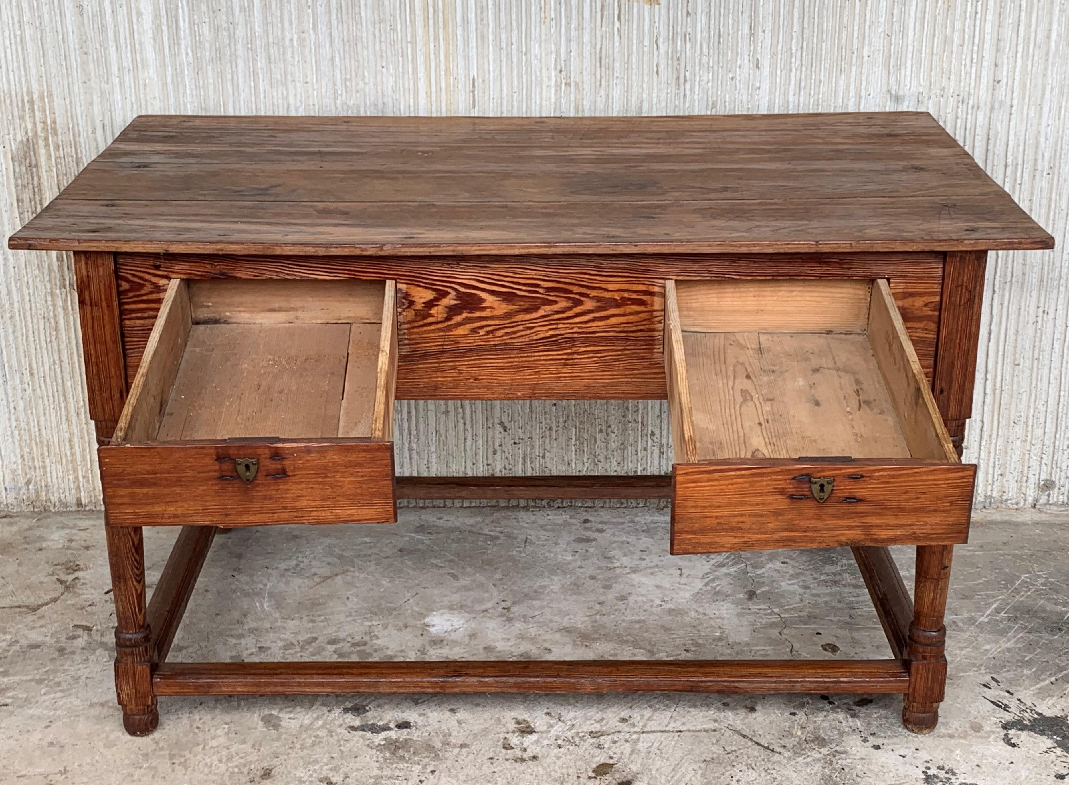 Pine Early 19th Century French Refectory, Work or Kitchen Table with Two Drawers For Sale
