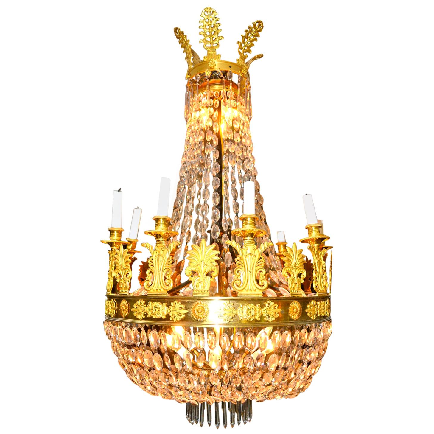 Lustre Empire en bronze doré et cristal du début du 19e siècle en vente