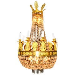 Antique Early 19th Century French Empire Gilt Bronze and Crystal Basket Chandelier
