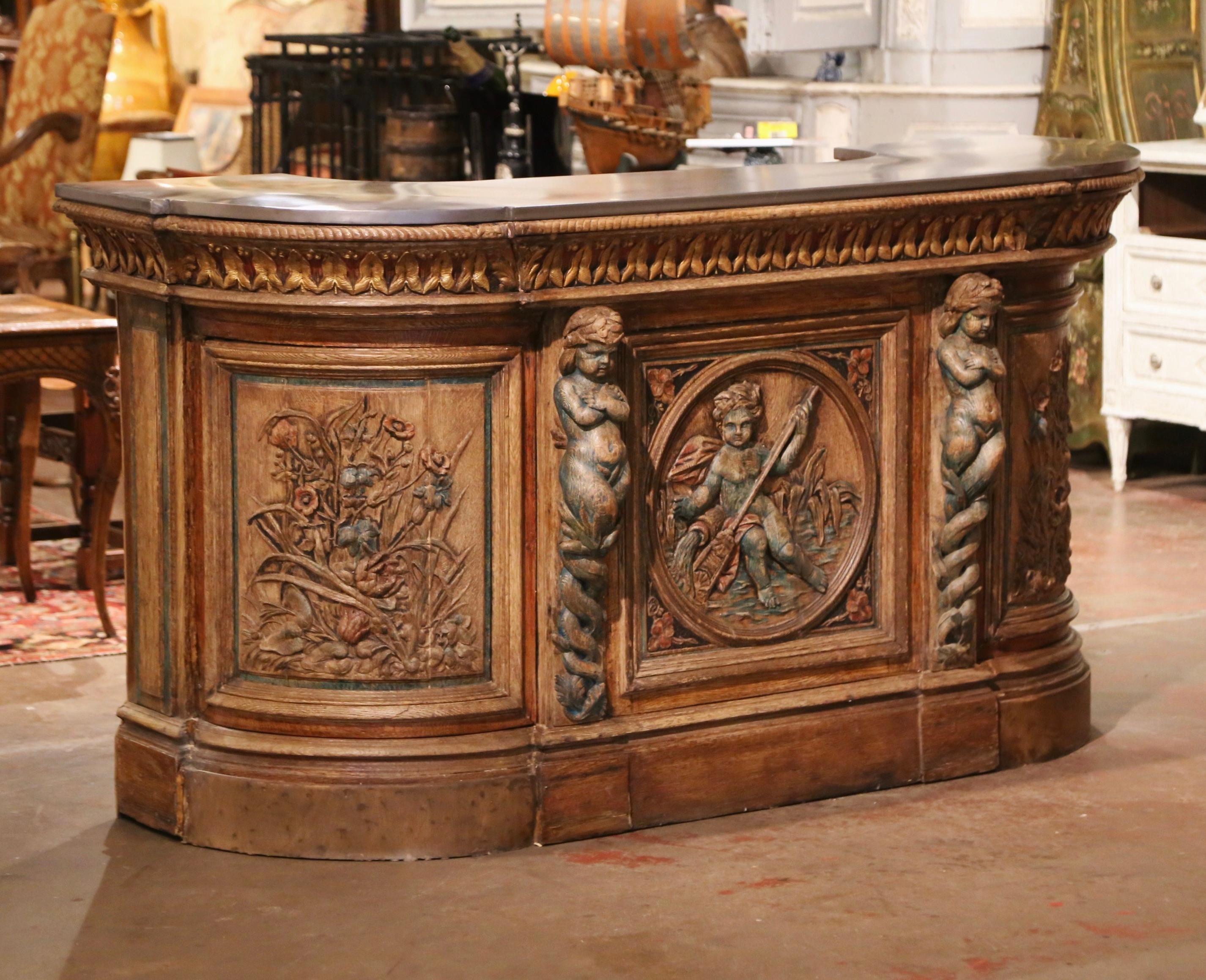 Early 19th Century French Renaissance Style Metal Top Carved Oak Bar Cabinet 7