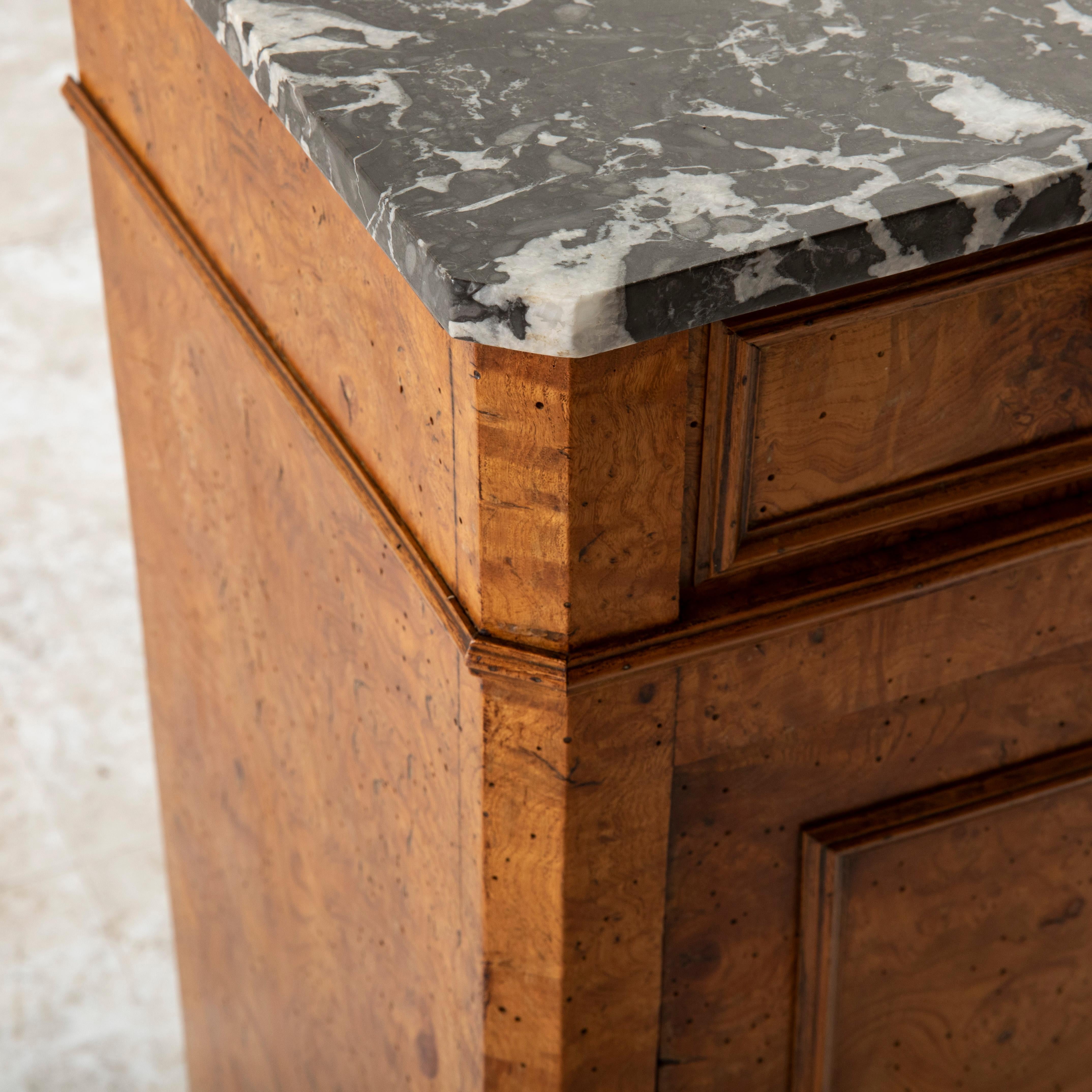 Early 19th Century French Restauration Period Burl Elm Nightstand, Marble Top 7