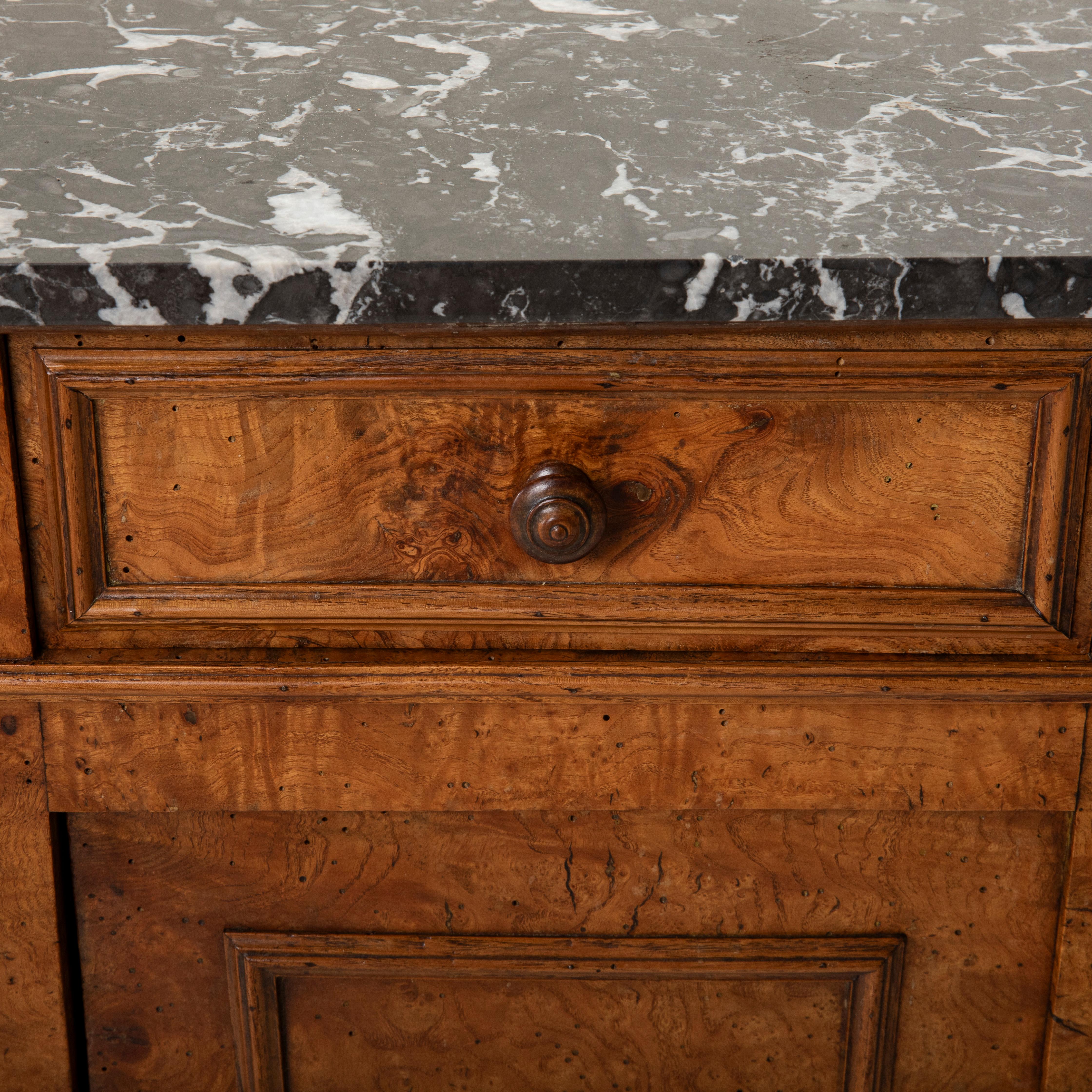 Early 19th Century French Restauration Period Burl Elm Nightstand, Marble Top 12