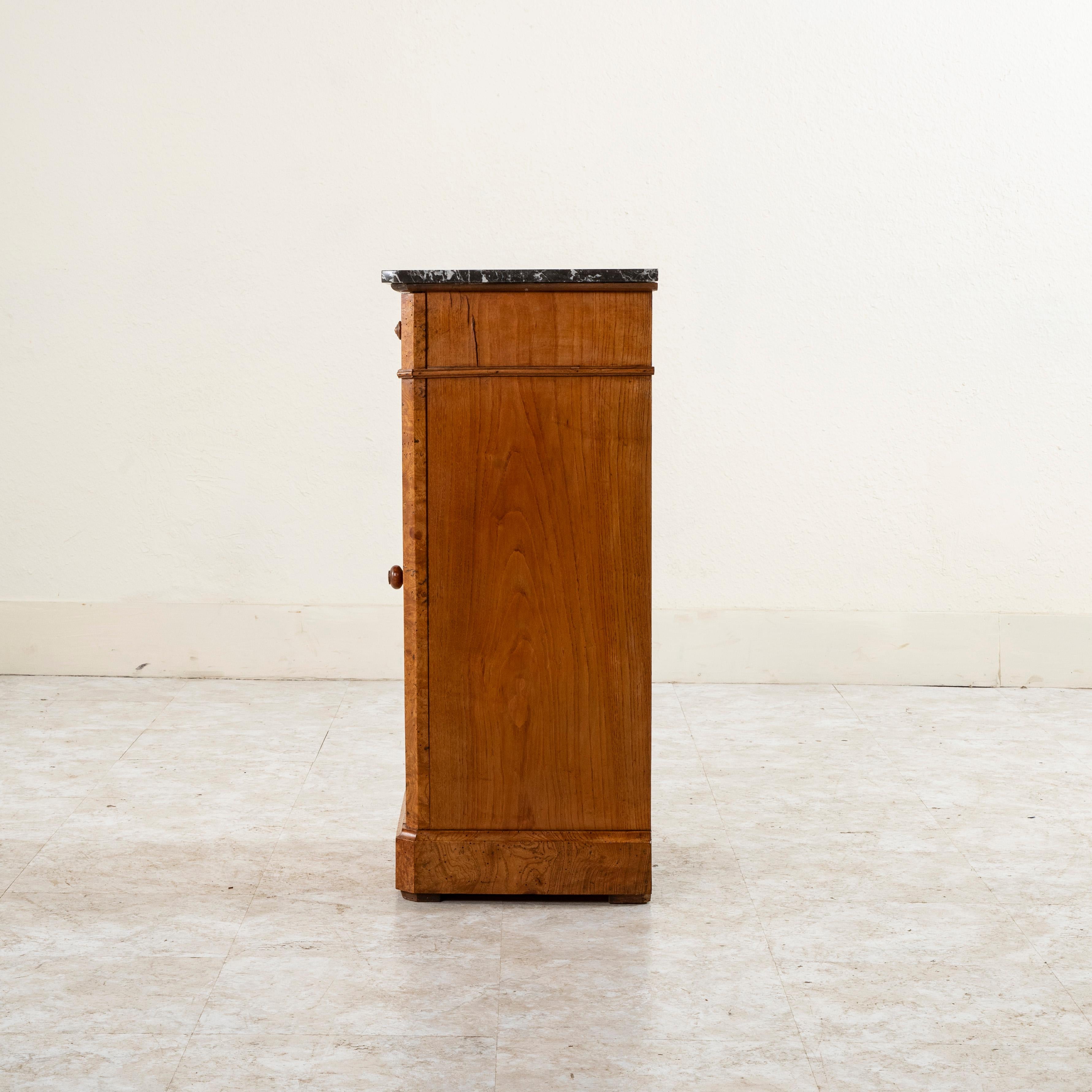 Early 19th Century French Restauration Period Burl Elm Nightstand, Marble Top 1
