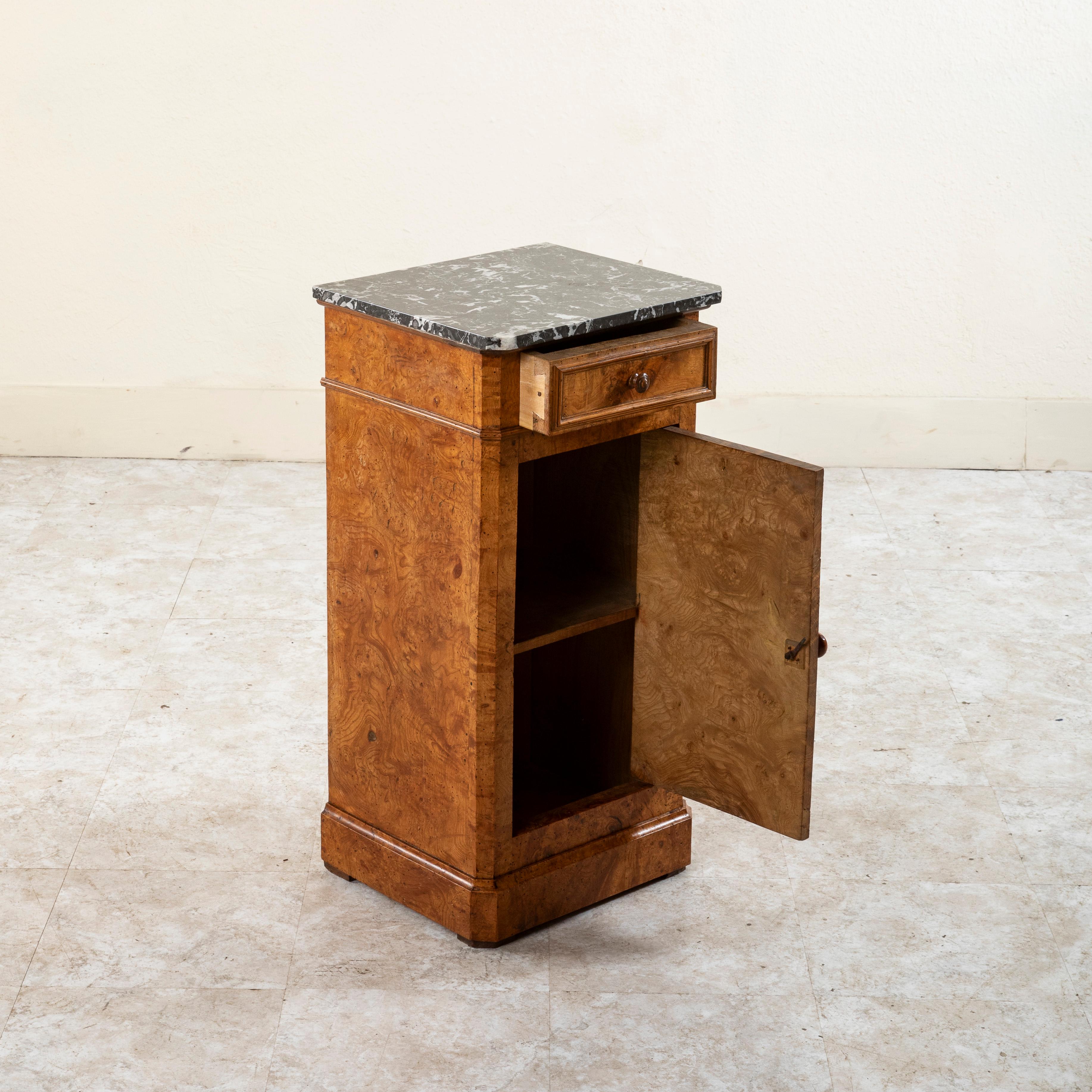 Early 19th Century French Restauration Period Burl Elm Nightstand, Marble Top 4