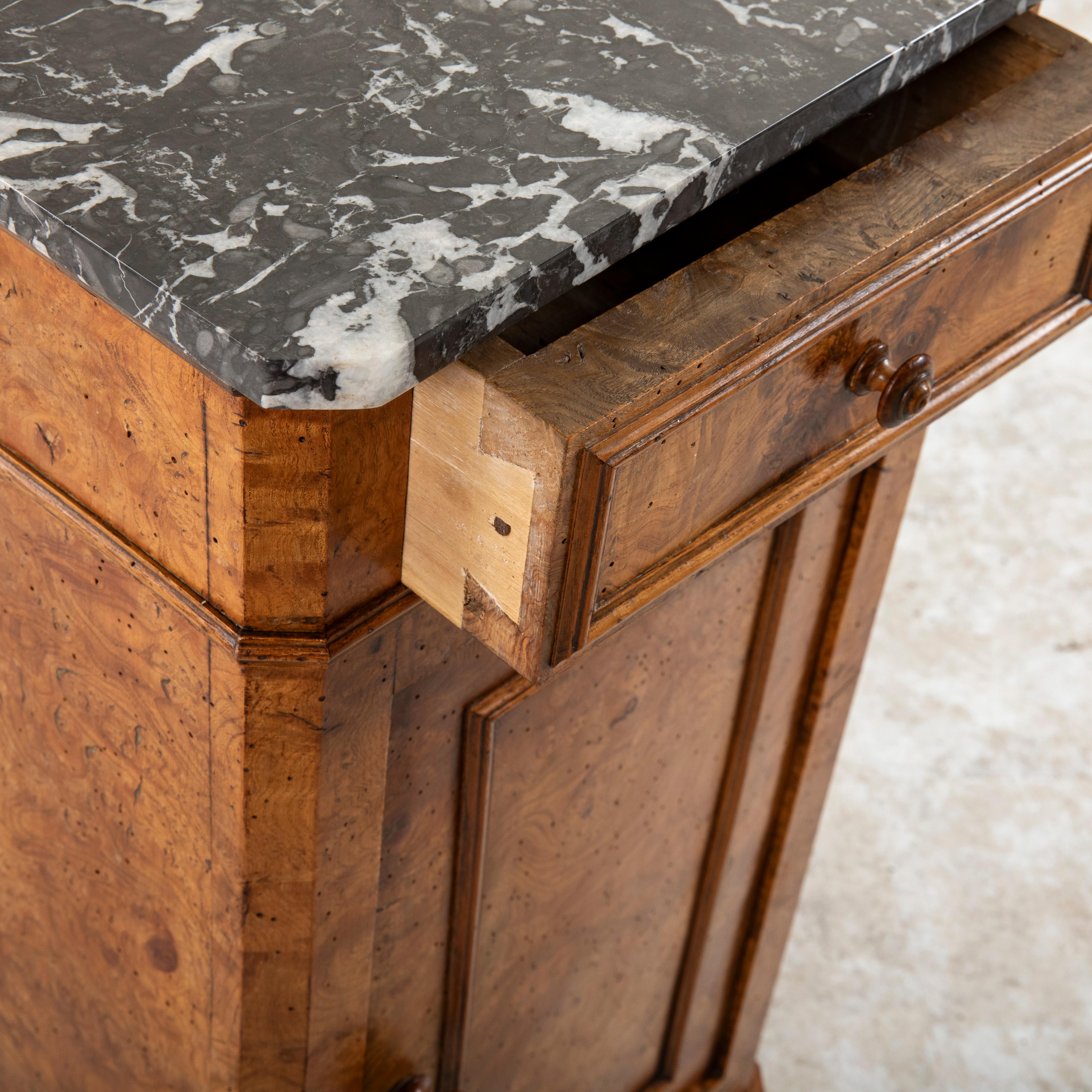 Early 19th Century French Restauration Period Burl Elm Nightstand, Marble Top 6