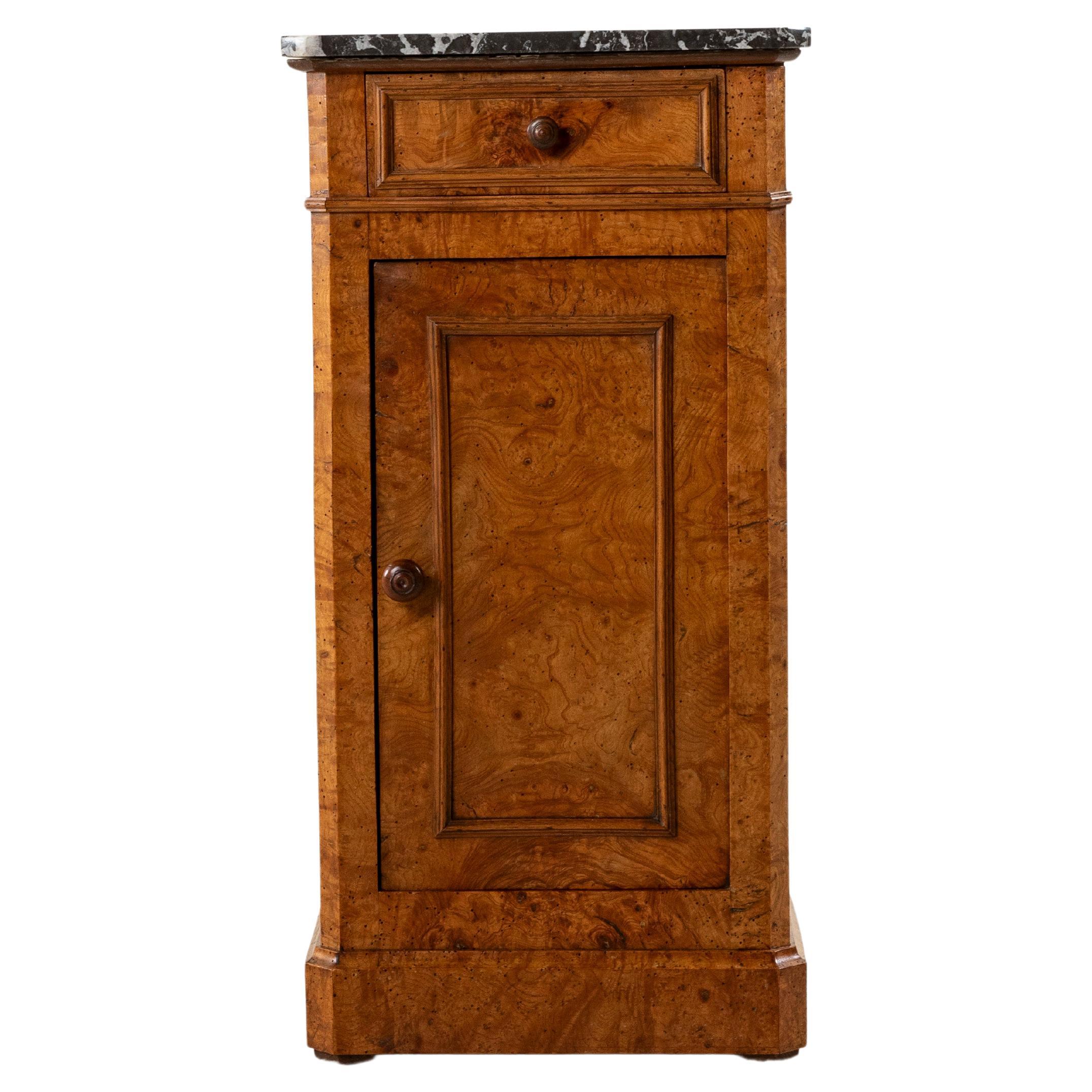 Early 19th Century French Restauration Period Burl Elm Nightstand, Marble Top