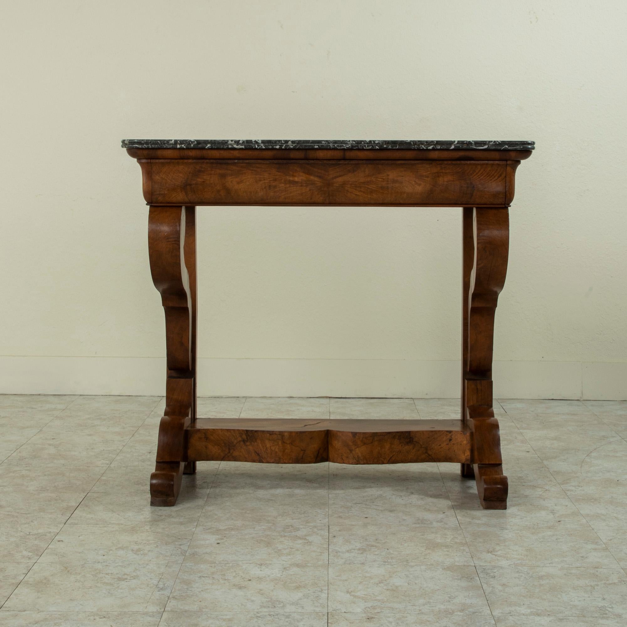 Early 19th Century French Restauration Period Burl Walnut Console Table, Marble In Good Condition For Sale In Fayetteville, AR