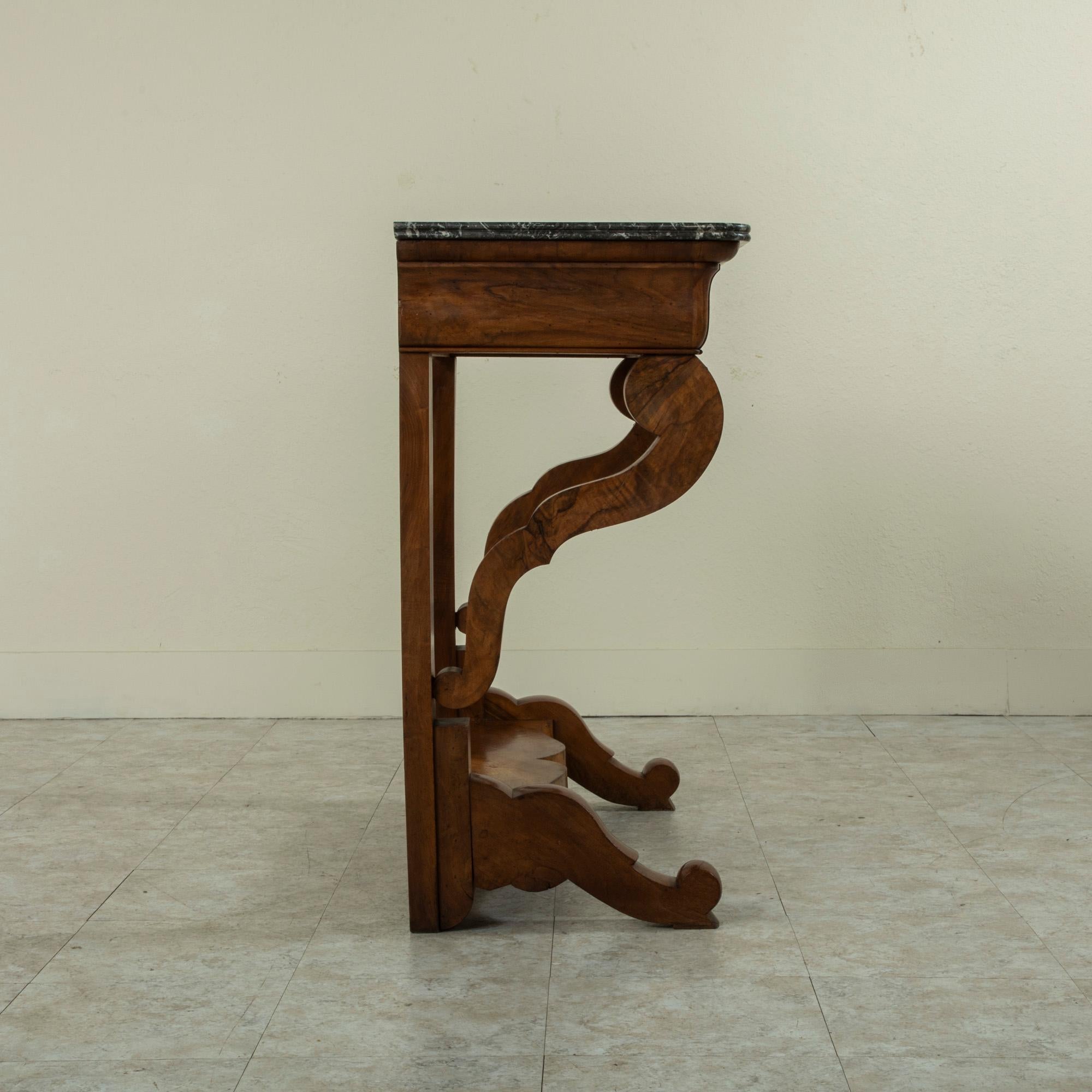 Early 19th Century French Restauration Period Burl Walnut Console Table, Marble For Sale 3
