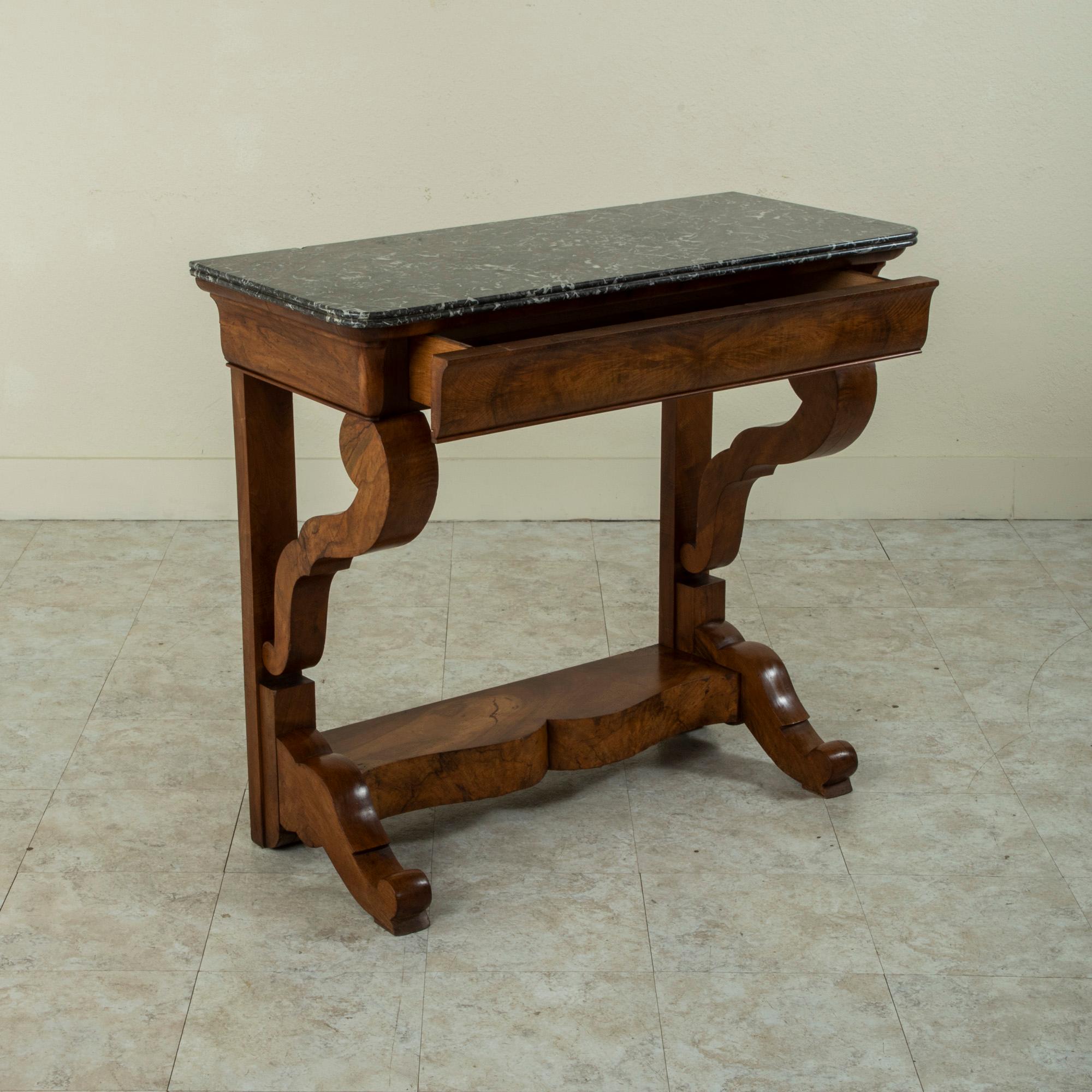Early 19th Century French Restauration Period Burl Walnut Console Table, Marble For Sale 4