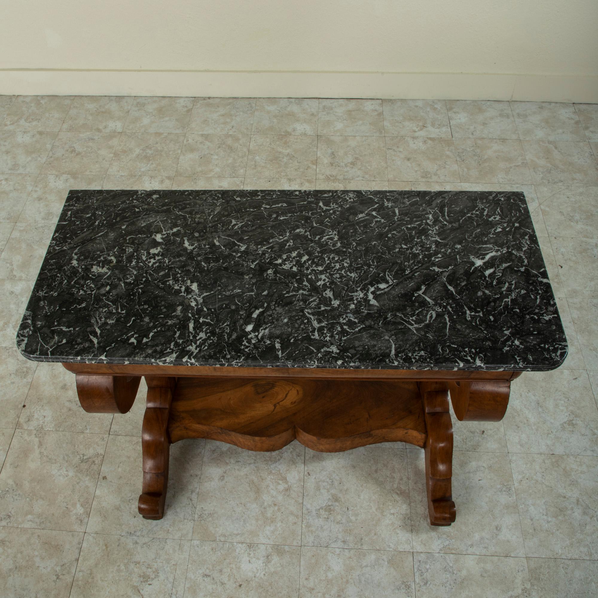 Early 19th Century French Restauration Period Burl Walnut Console Table, Marble For Sale 5