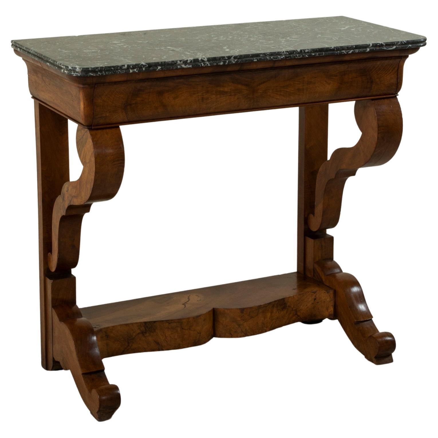 Early 19th Century French Restauration Period Burl Walnut Console Table, Marble For Sale