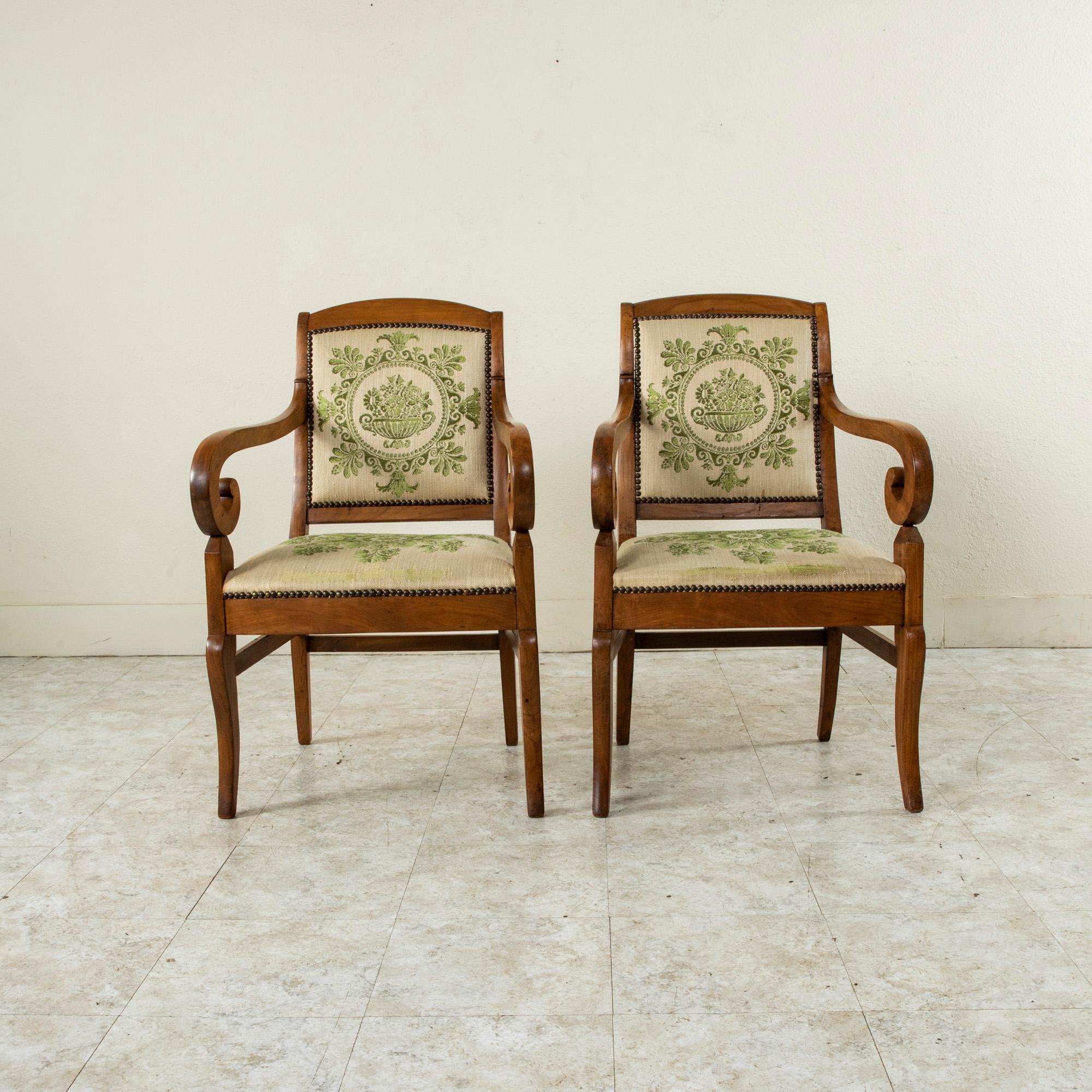 Embroidered Early 19th Century French Restauration Period Elm Armchairs with Urn Motif For Sale