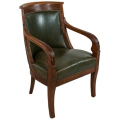 Early 19th Century French Restauration Period Mahogany Armchair Bergere, Leather