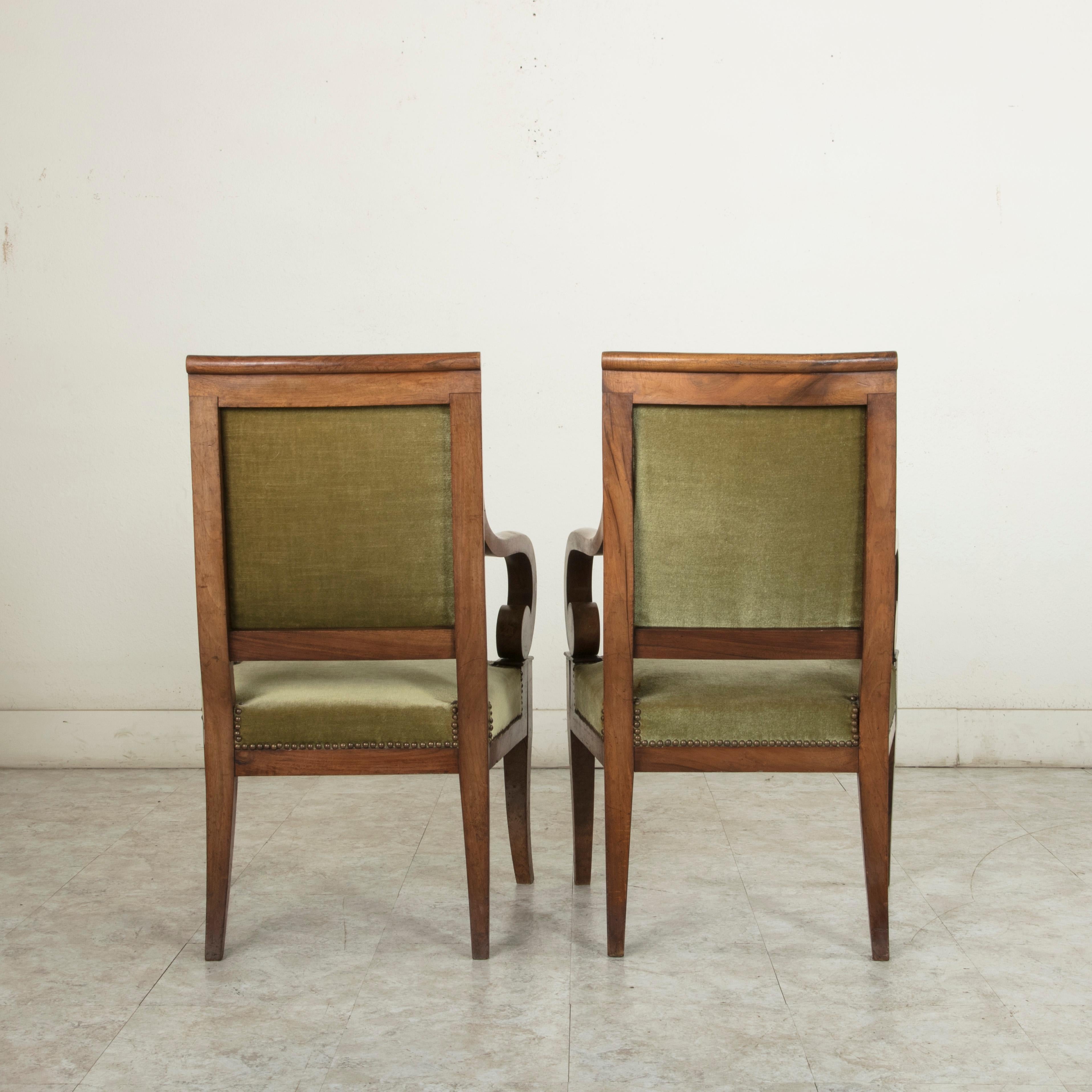 Early 19th Century French Restauration Period Walnut Armchairs, Bergeres, Mohair 1