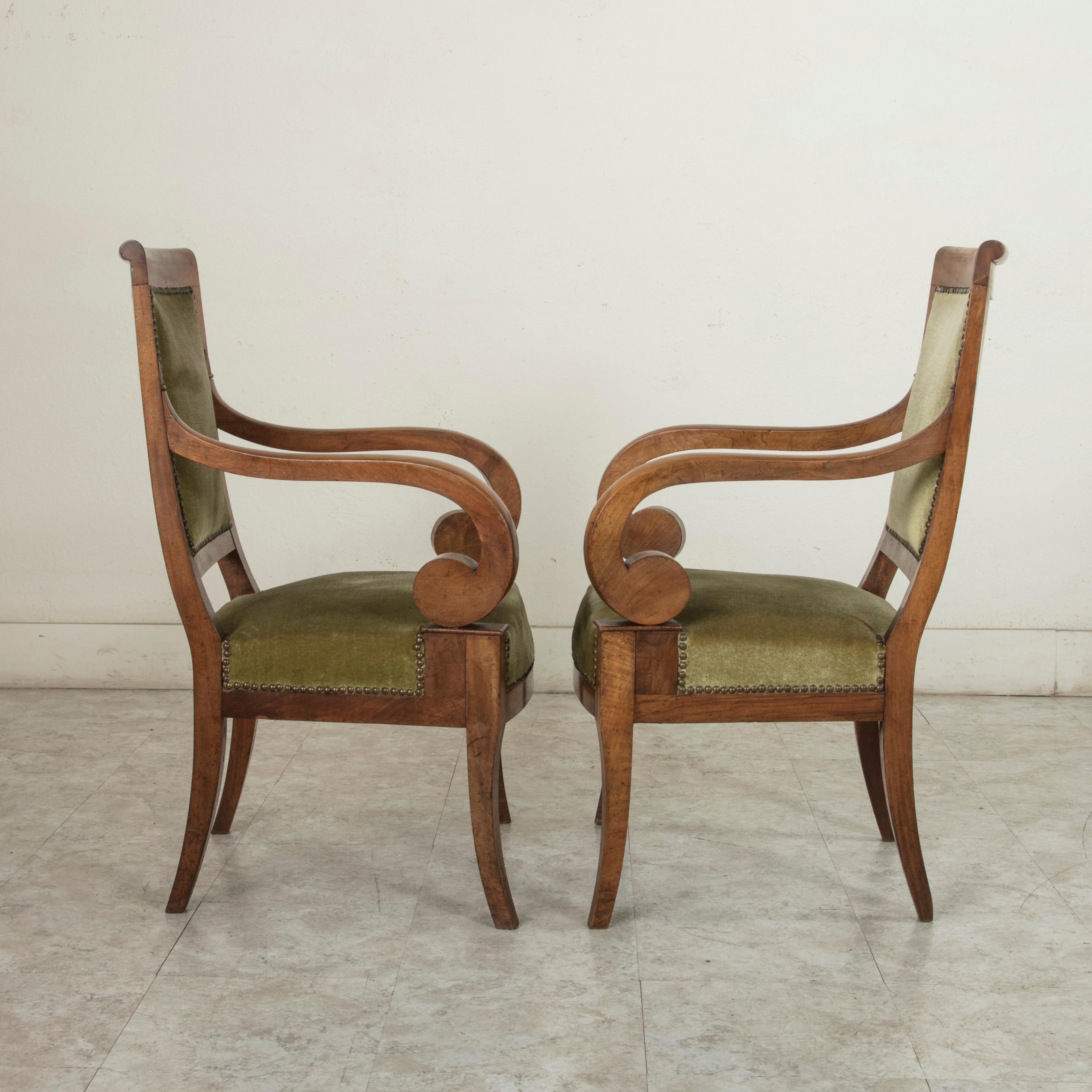 Early 19th Century French Restauration Period Walnut Armchairs, Bergeres, Mohair 2