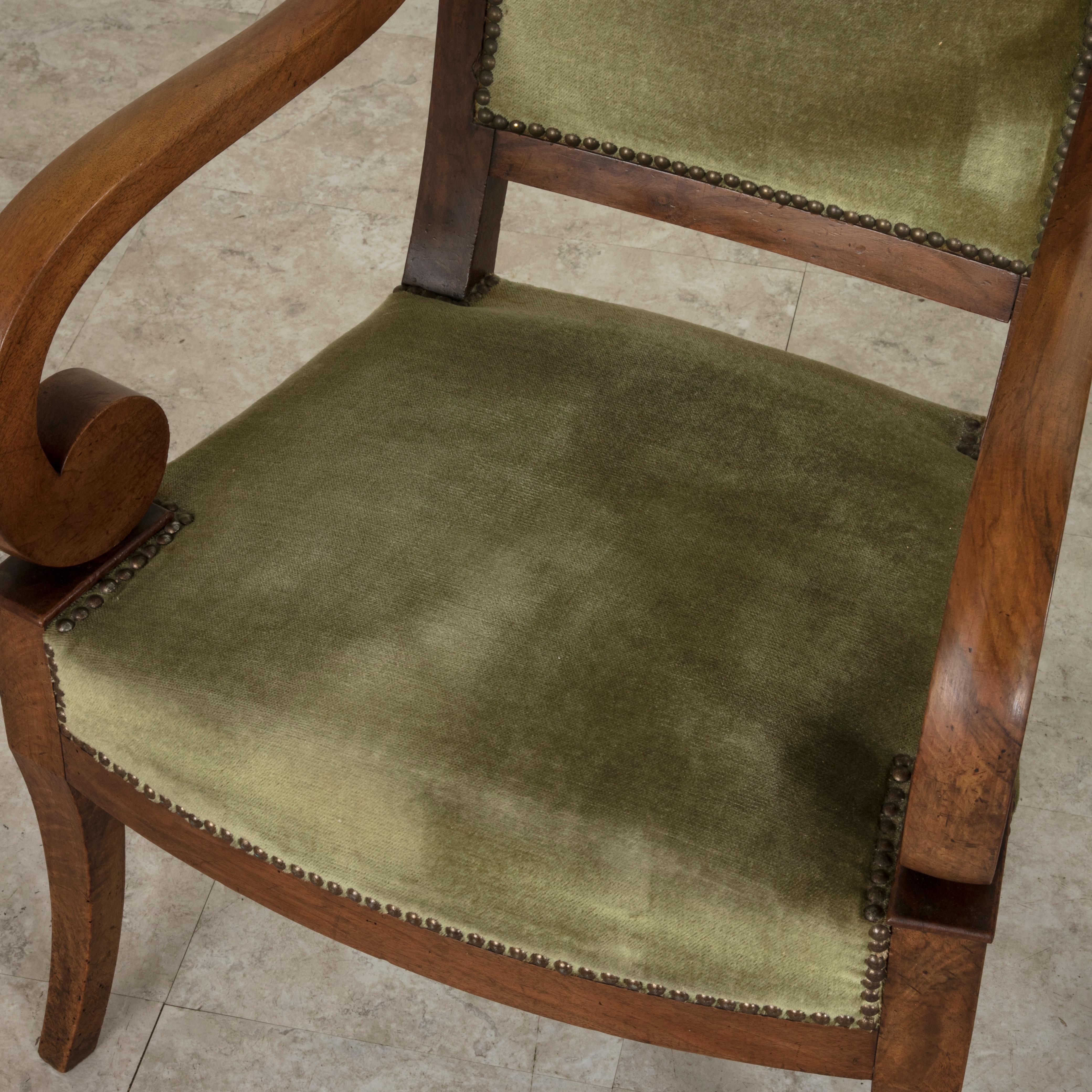 Early 19th Century French Restauration Period Walnut Armchairs, Bergeres, Mohair 4