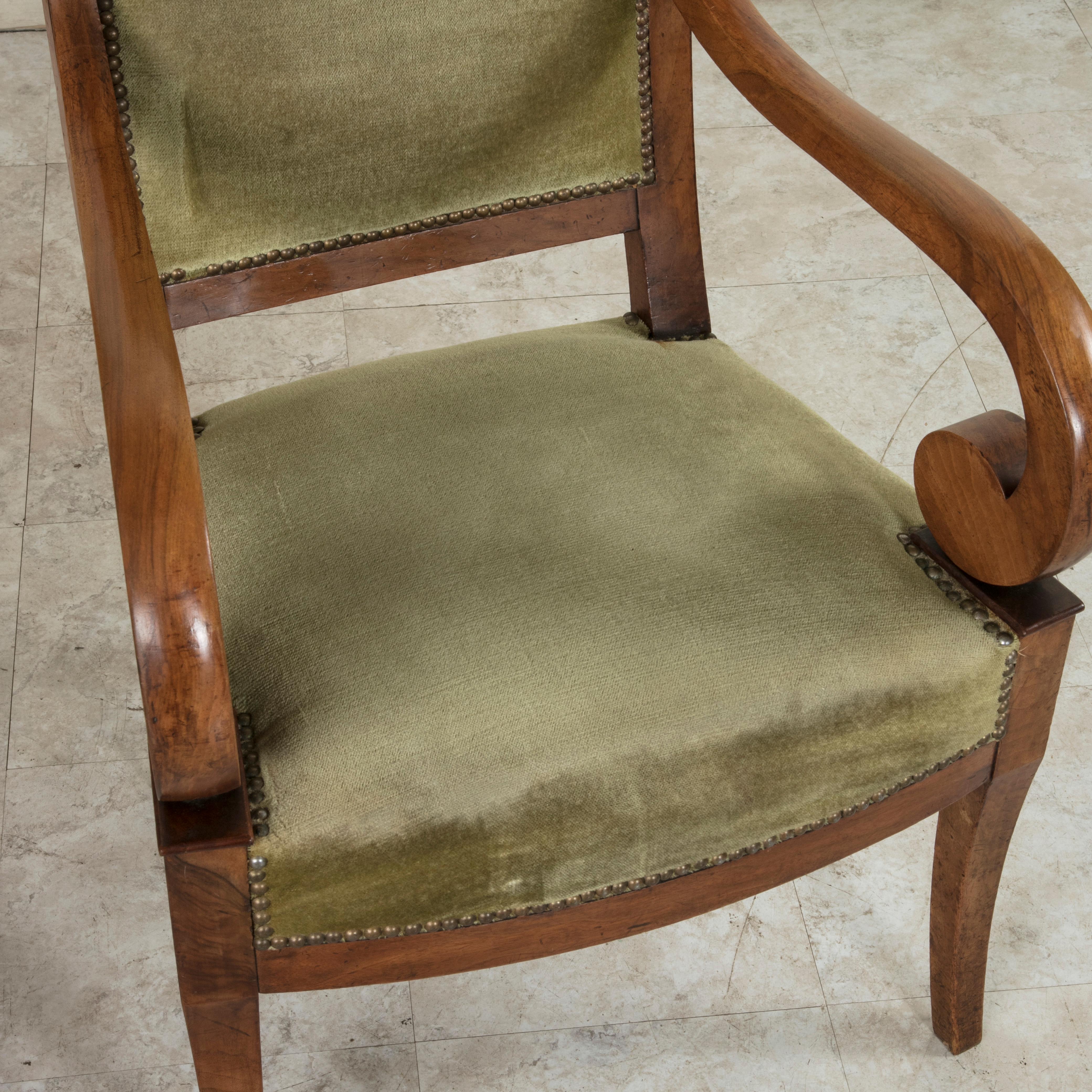 Early 19th Century French Restauration Period Walnut Armchairs, Bergeres, Mohair 5