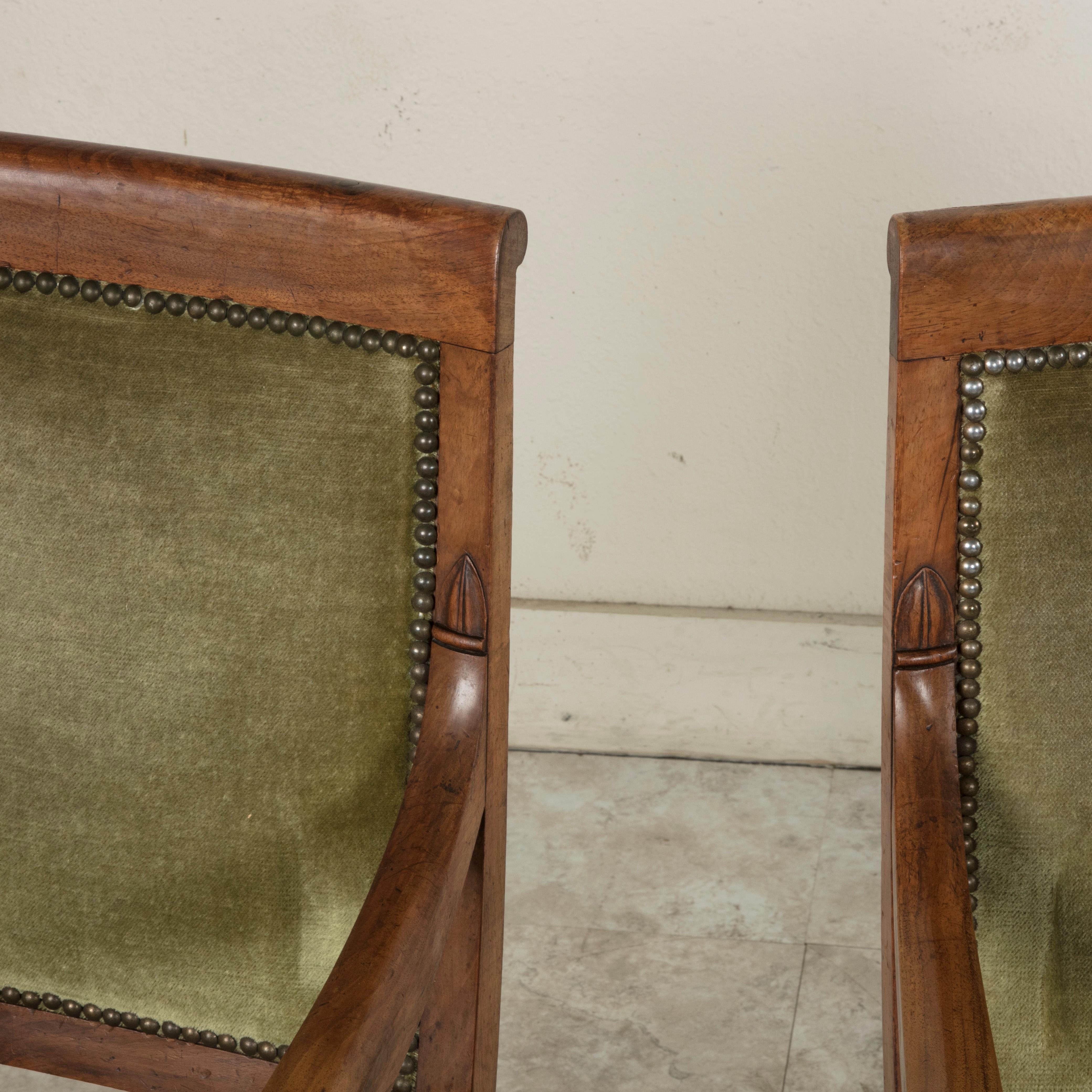 Early 19th Century French Restauration Period Walnut Armchairs, Bergeres, Mohair 6
